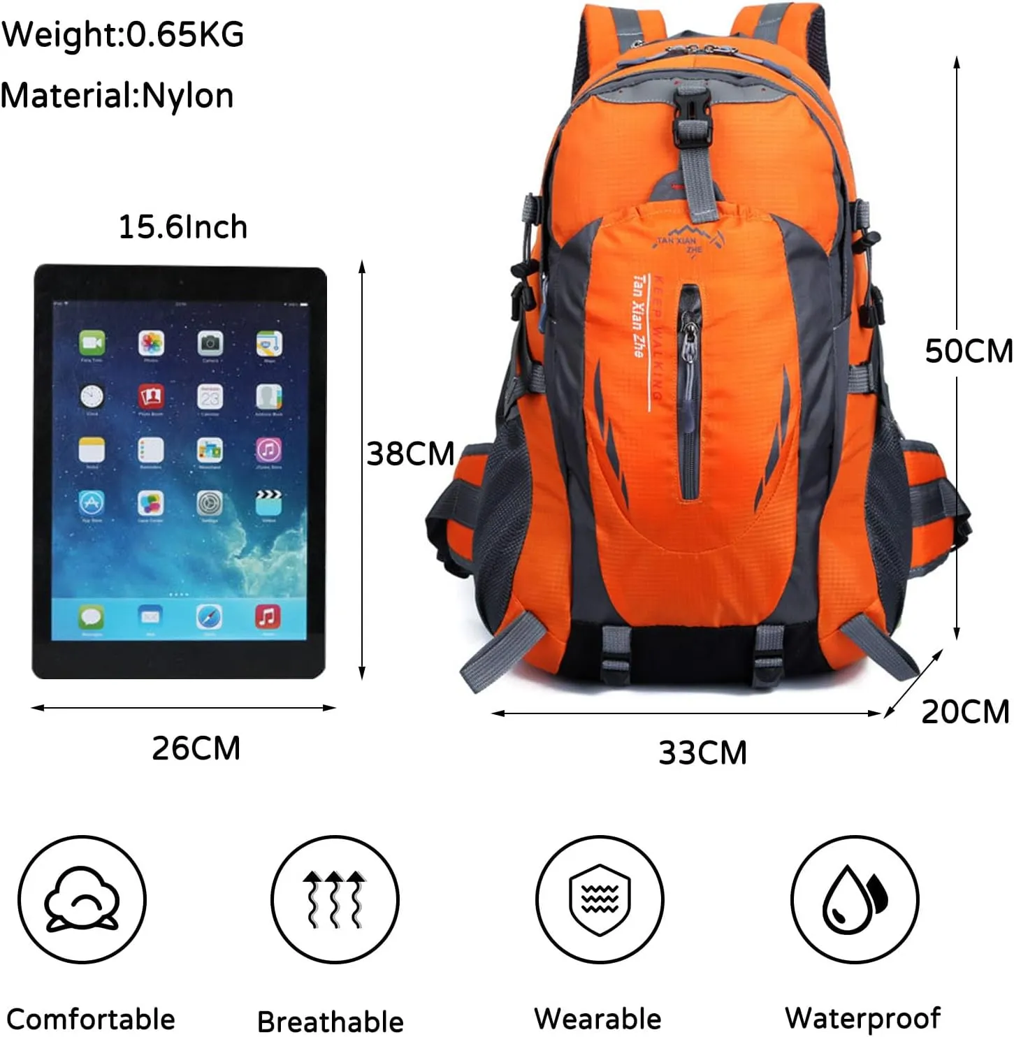 PORRASSO 40L Hiking Backpack Trekking Rucksack Waterproof Daypack Durable Backpack for Women Men Cycling Climbing Outdoor Sports Orange
