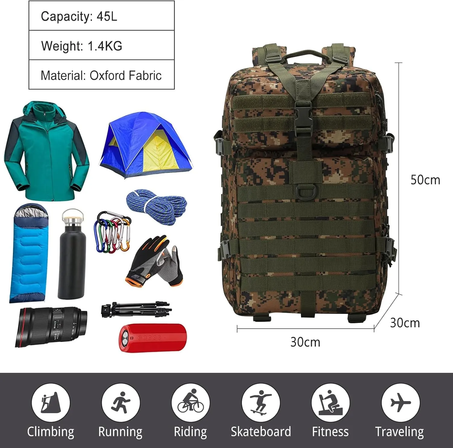 PORRASSO 45L Military Tactical Backpacks Trekking Rucksack Waterproof Outdoor Daypack 3 Day Bug Out Bag Durable Backpack for Survival Traveling Mountaining Jungle Digital