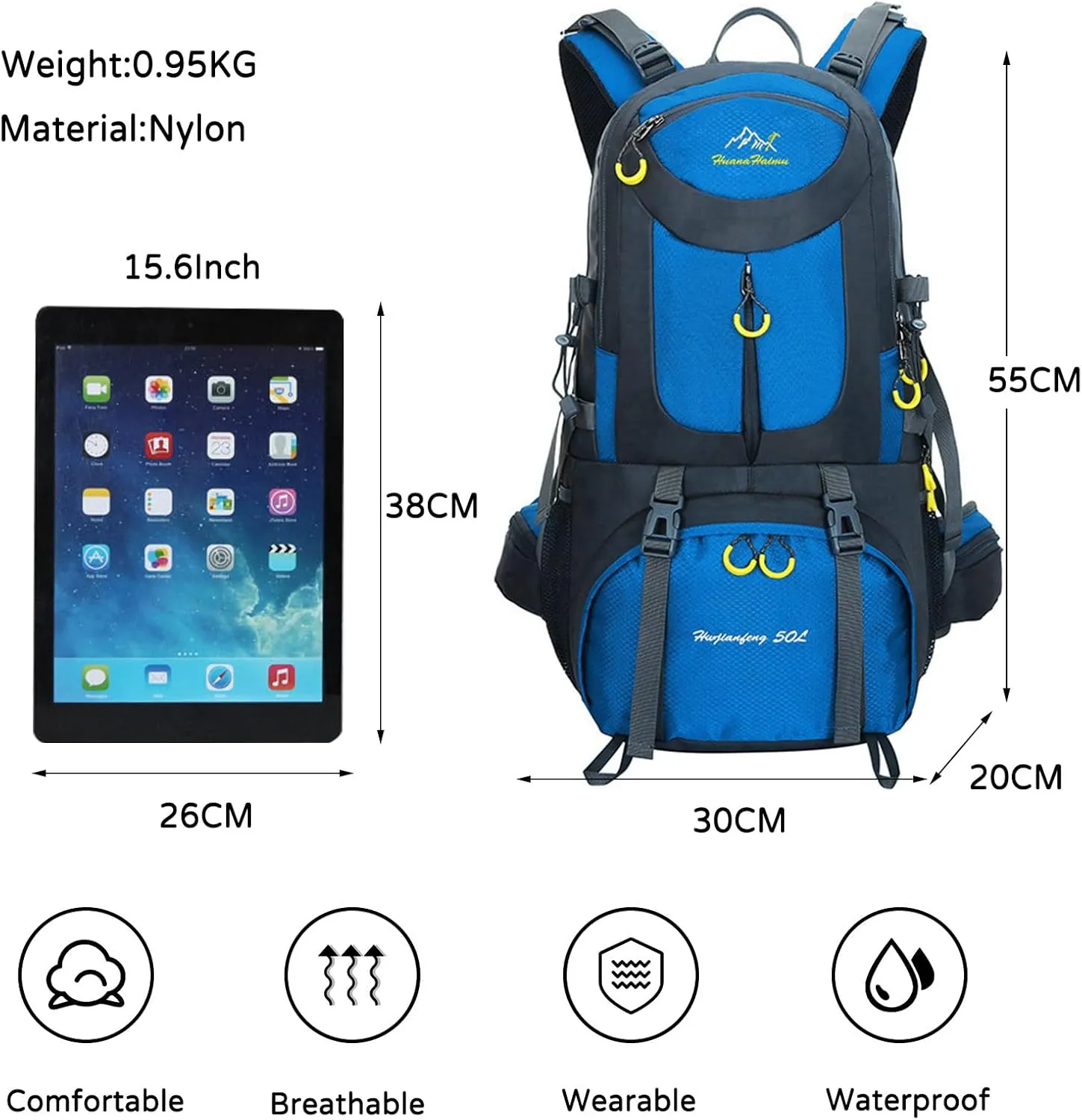 PORRASSO 50L Hiking Backpack Trekking Rucksack Waterproof Daypack Durable Backpack for Women Men Camping Cycling Climbing Outdoor Sports Blue