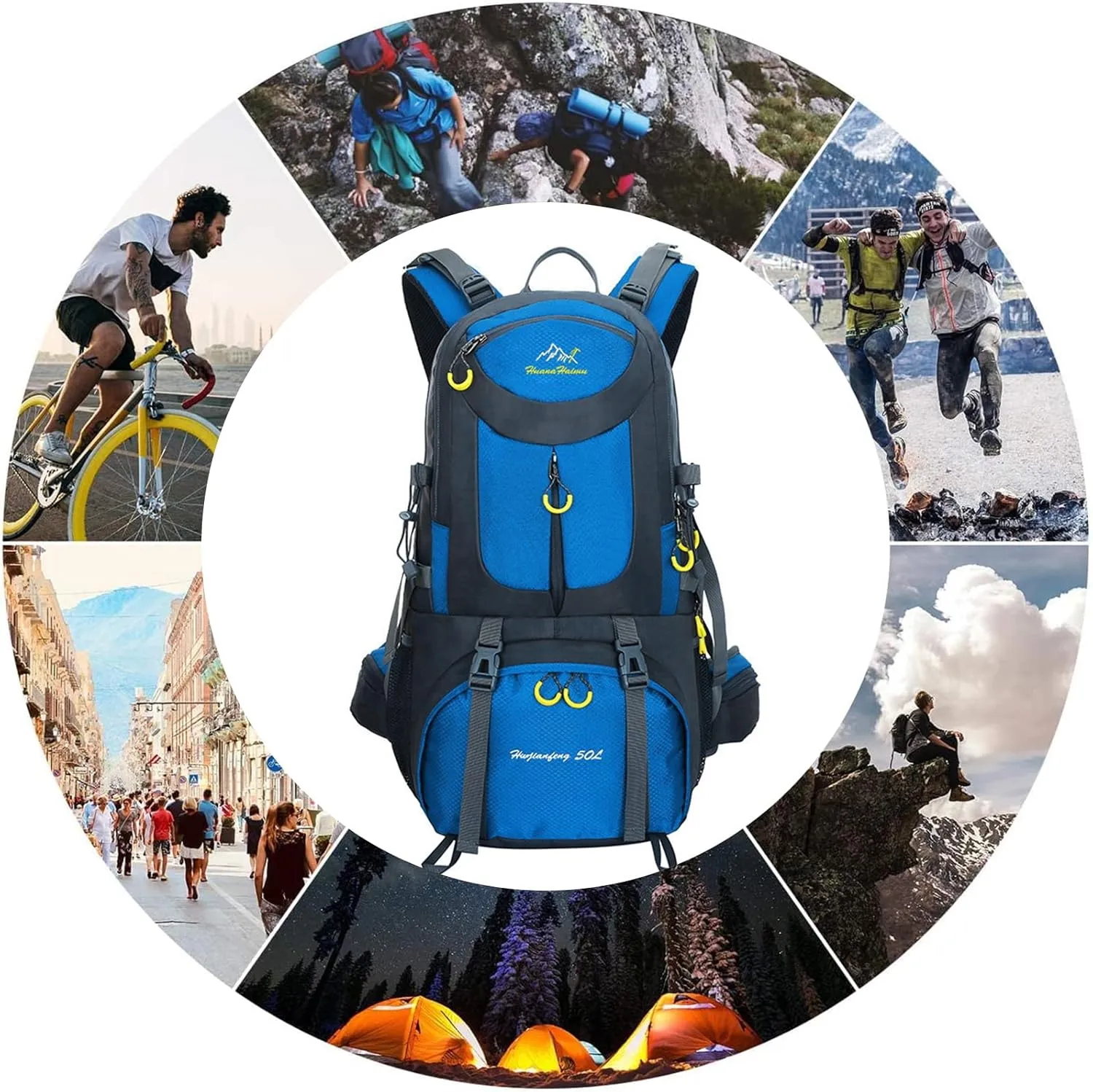 PORRASSO 50L Hiking Backpack Trekking Rucksack Waterproof Daypack Durable Backpack for Women Men Camping Cycling Climbing Outdoor Sports Blue