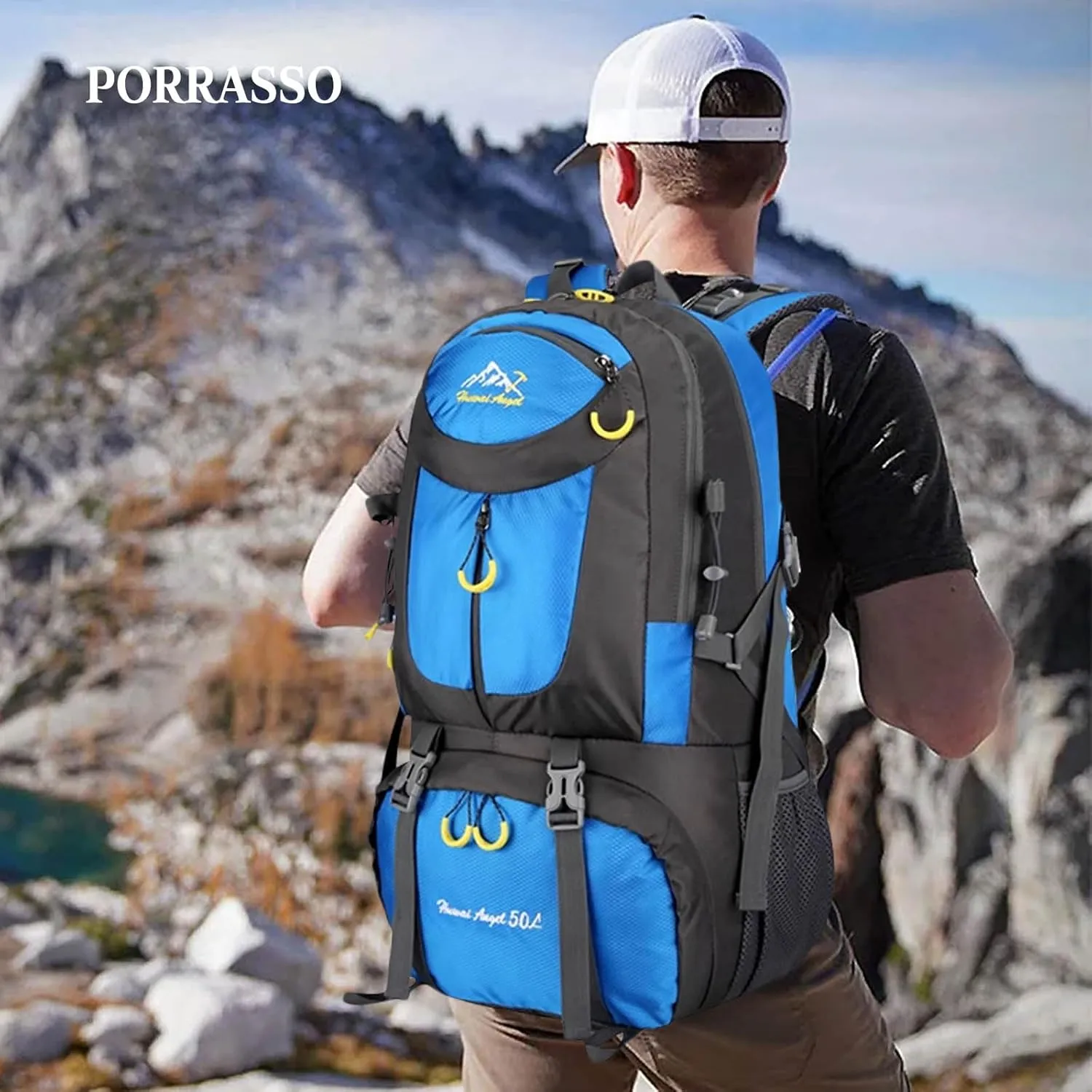 PORRASSO 50L Hiking Backpack Trekking Rucksack Waterproof Daypack Durable Backpack for Women Men Camping Cycling Climbing Outdoor Sports Blue
