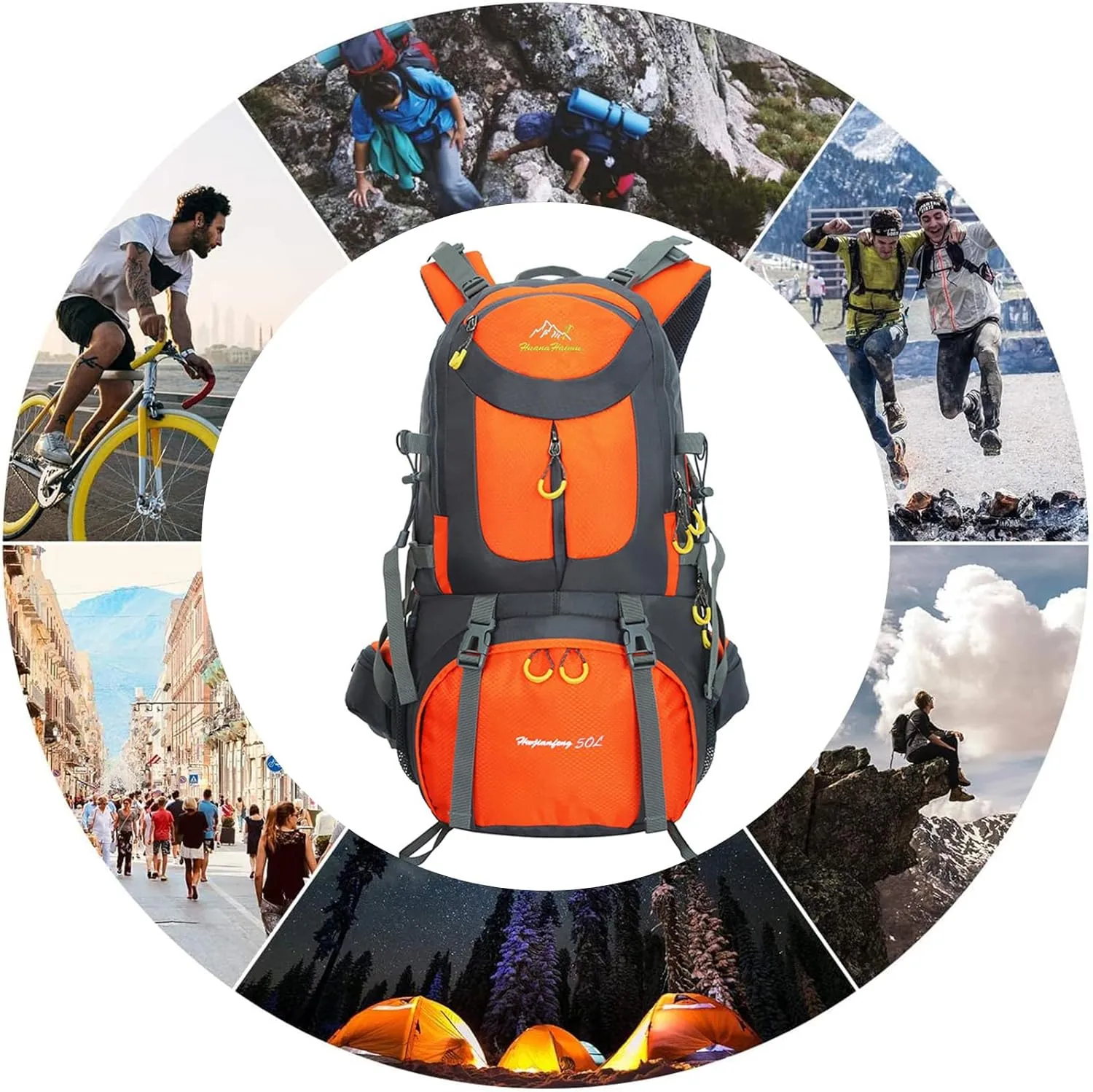 PORRASSO 50L Hiking Backpack Trekking Rucksack Waterproof Daypack Durable Backpack for Women Men Camping Cycling Climbing Outdoor Sports Orange