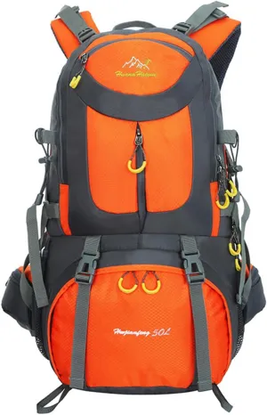 PORRASSO 50L Hiking Backpack Trekking Rucksack Waterproof Daypack Durable Backpack for Women Men Camping Cycling Climbing Outdoor Sports Orange