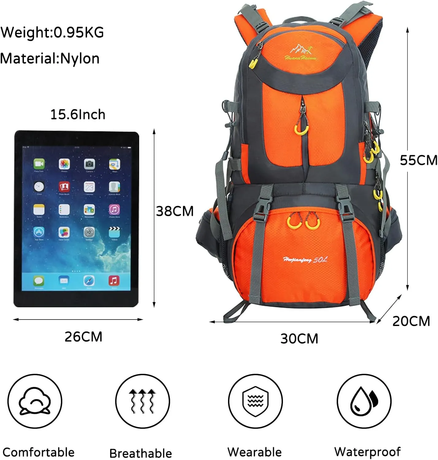 PORRASSO 50L Hiking Backpack Trekking Rucksack Waterproof Daypack Durable Backpack for Women Men Camping Cycling Climbing Outdoor Sports Orange