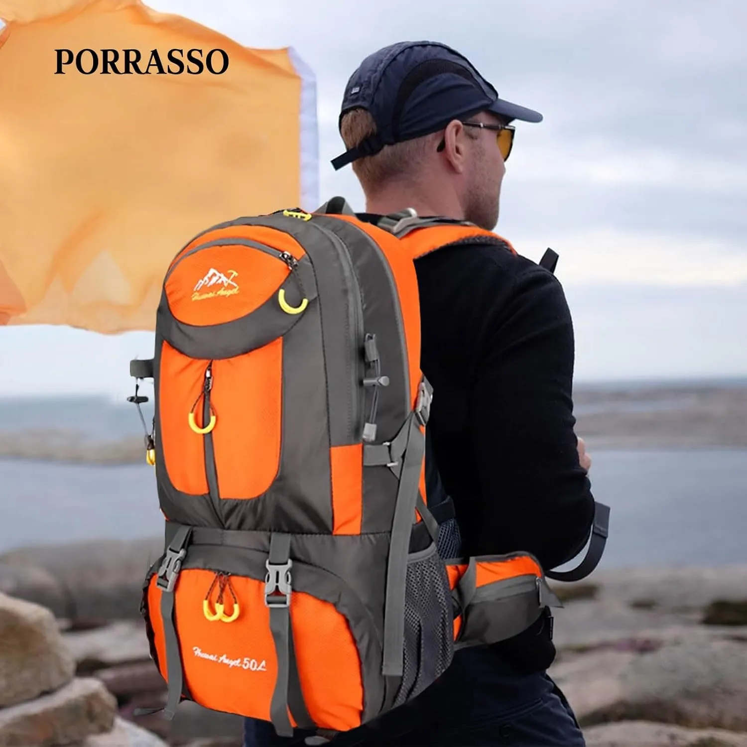 PORRASSO 50L Hiking Backpack Trekking Rucksack Waterproof Daypack Durable Backpack for Women Men Camping Cycling Climbing Outdoor Sports Orange