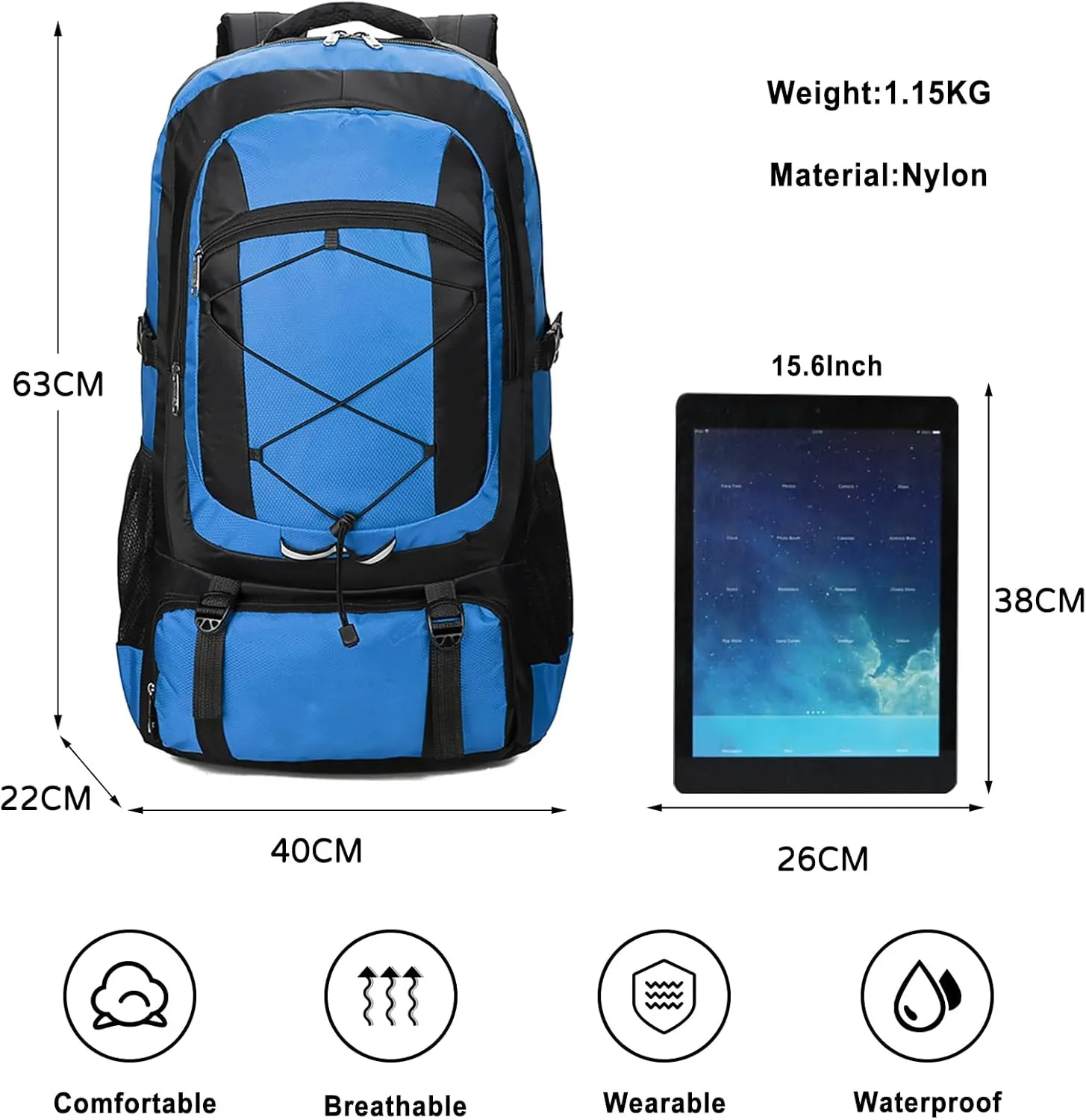 PORRASSO 75L Hiking Backpack Trekking Rucksack Waterproof Daypack Durable Backpack for Women Men Camping Climbing Travel Outdoor Sports Blue