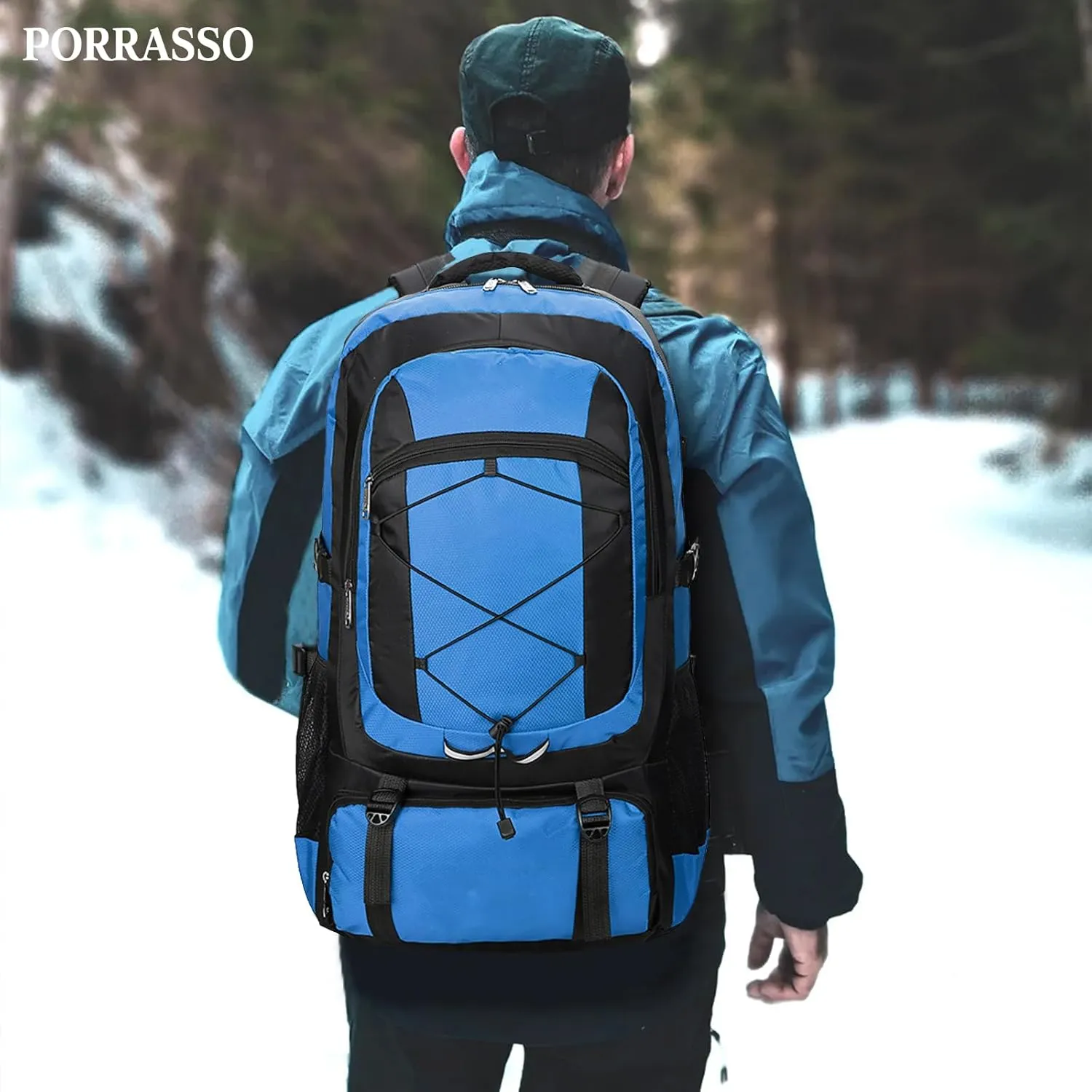 PORRASSO 75L Hiking Backpack Trekking Rucksack Waterproof Daypack Durable Backpack for Women Men Camping Climbing Travel Outdoor Sports Blue