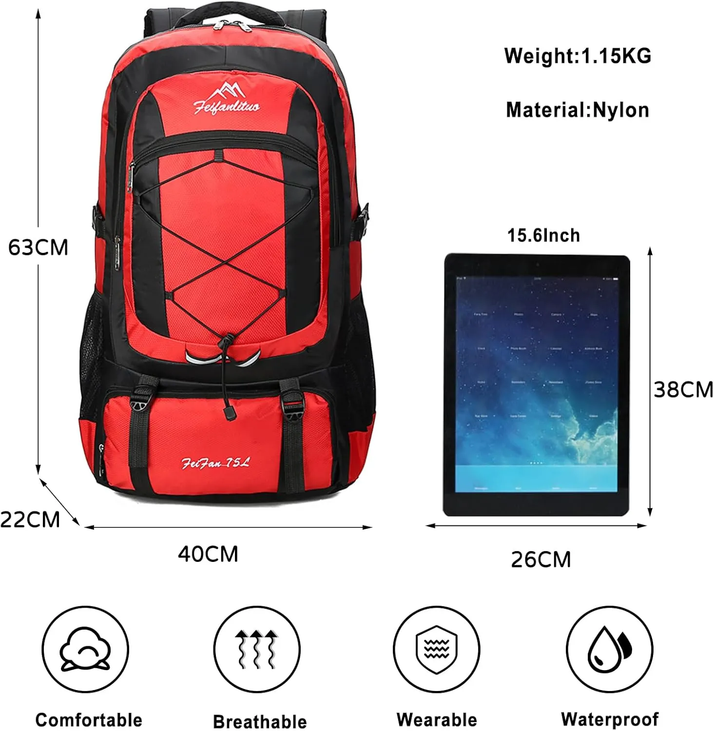 PORRASSO 75L Hiking Backpack Trekking Rucksack Waterproof Daypack Durable Backpack for Women Men Camping Climbing Travel Outdoor Sports Red
