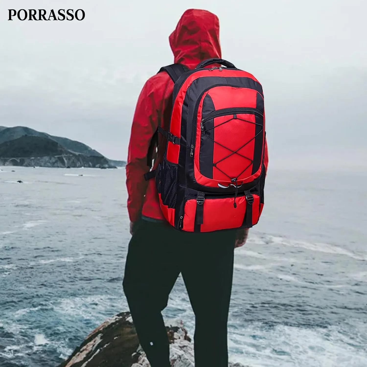 PORRASSO 75L Hiking Backpack Trekking Rucksack Waterproof Daypack Durable Backpack for Women Men Camping Climbing Travel Outdoor Sports Red
