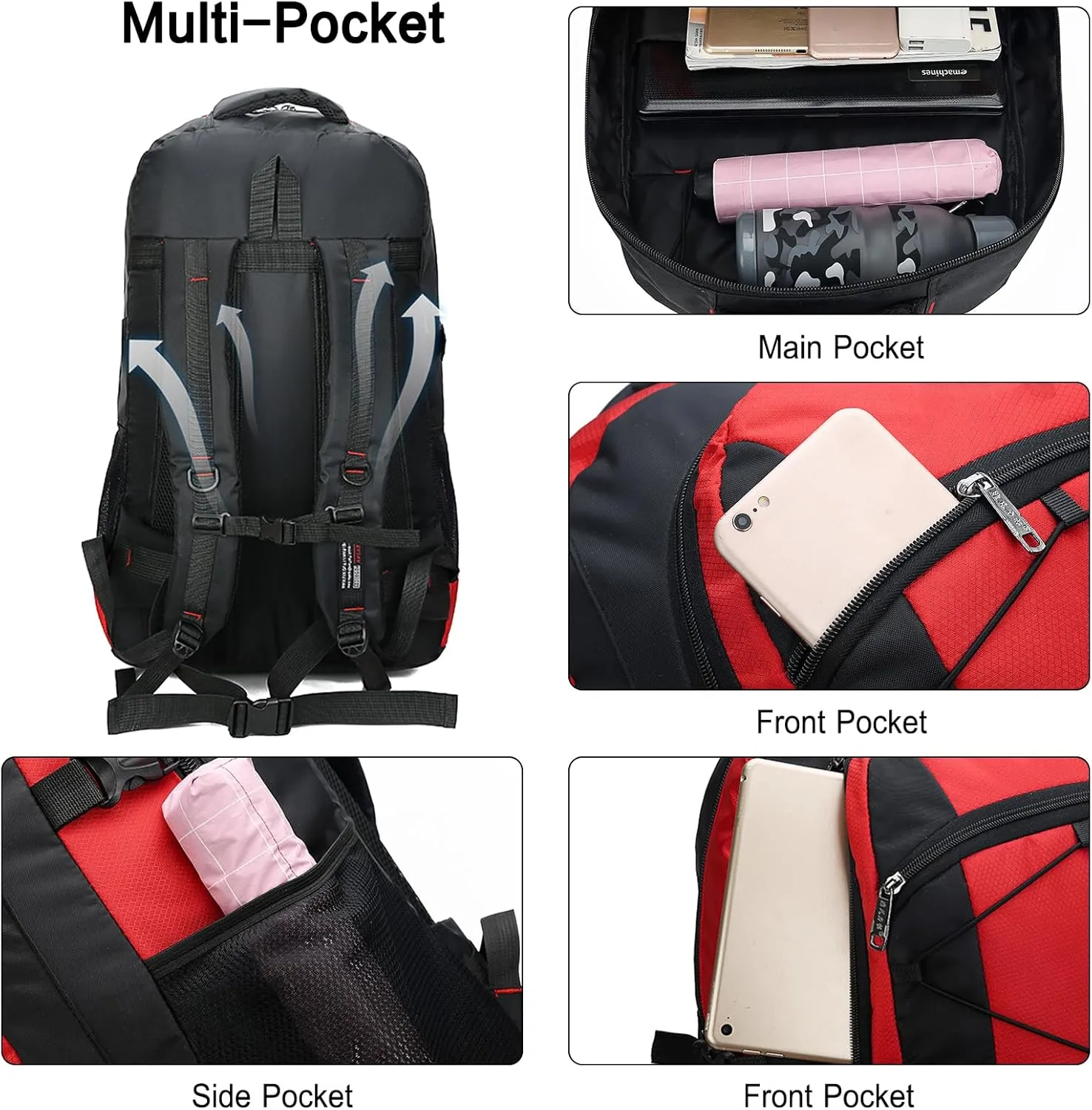 PORRASSO 75L Hiking Backpack Trekking Rucksack Waterproof Daypack Durable Backpack for Women Men Camping Climbing Travel Outdoor Sports Red