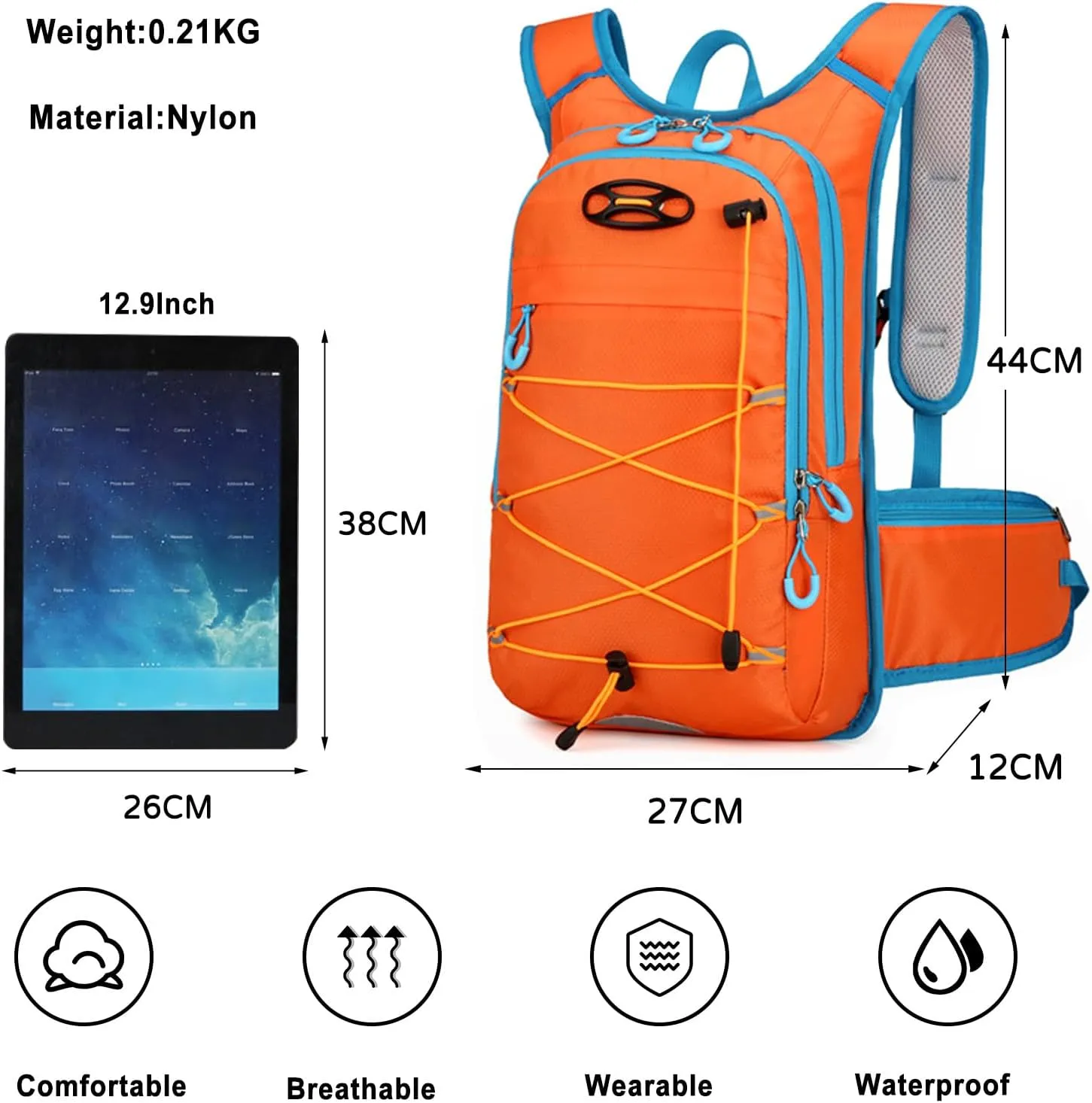 PORRASSO Hiking Backpack 18L Waterproof Daypack Rucksack Lightweight Breathable Backpack for Women Men Trekking Cycling Climbing Outdoor Sports Orange