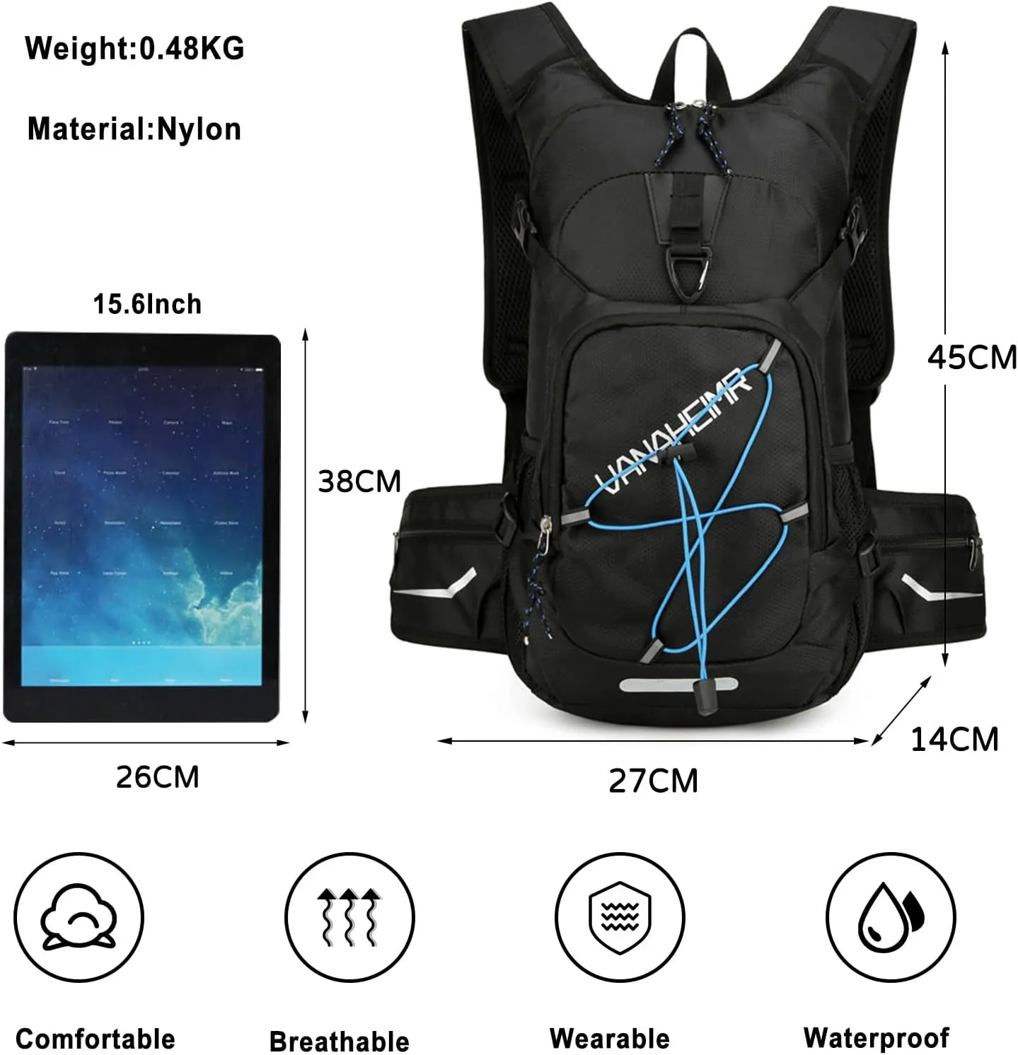 PORRASSO Hiking Backpack 18L Waterproof Rucksack Daypack Lightweight Backpack for Women Men Camping Trekking Cycling Climbing Outdoor Sports Black