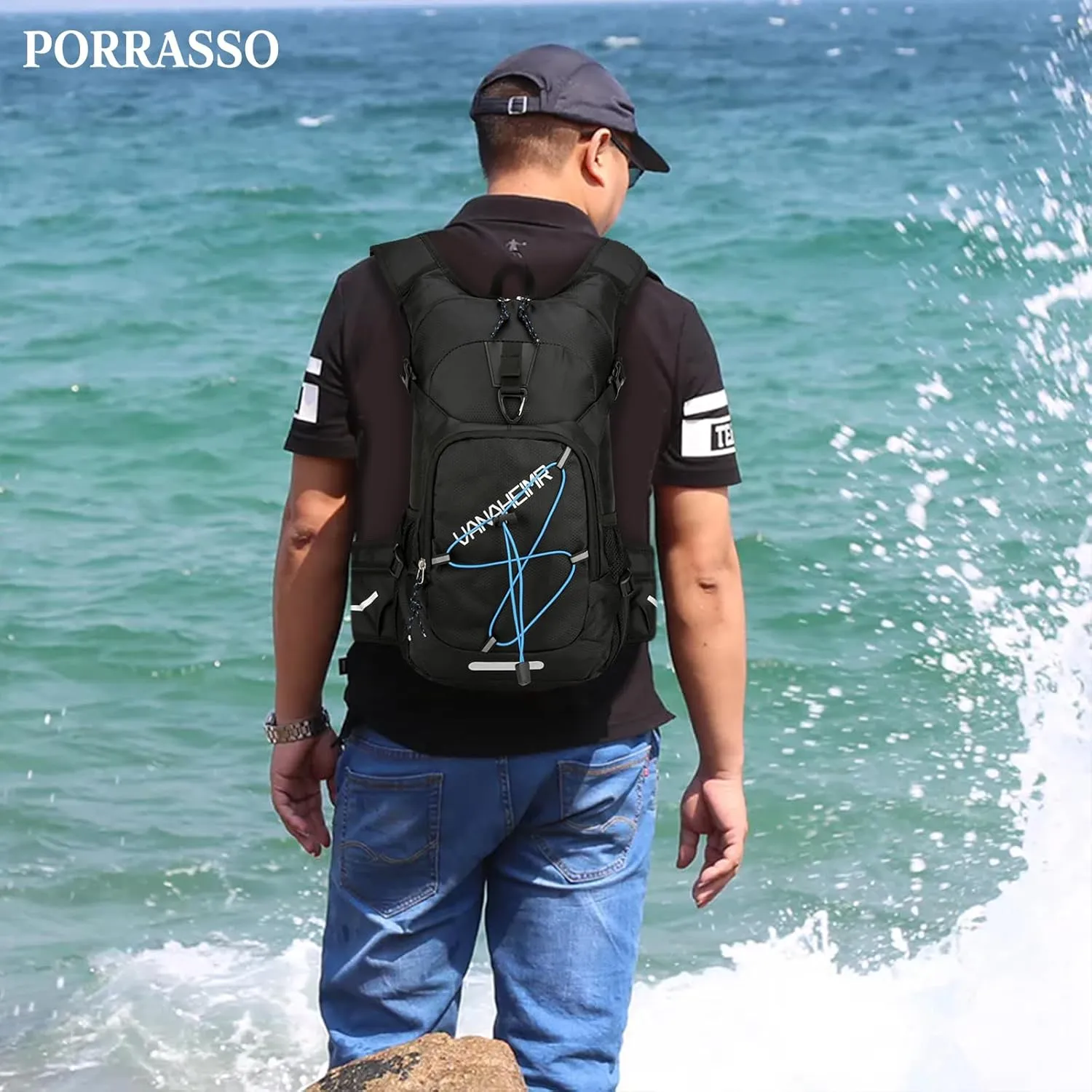 PORRASSO Hiking Backpack 18L Waterproof Rucksack Daypack Lightweight Backpack for Women Men Camping Trekking Cycling Climbing Outdoor Sports Black