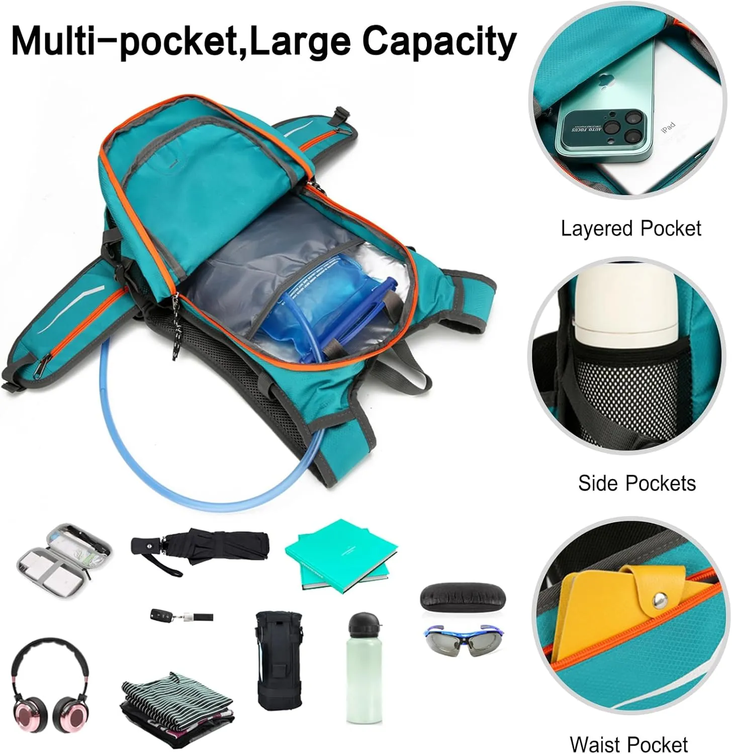 PORRASSO Hiking Backpack 18L Waterproof Rucksack Daypack Lightweight Backpack for Women Men Camping Trekking Cycling Climbing Outdoor Sports Black