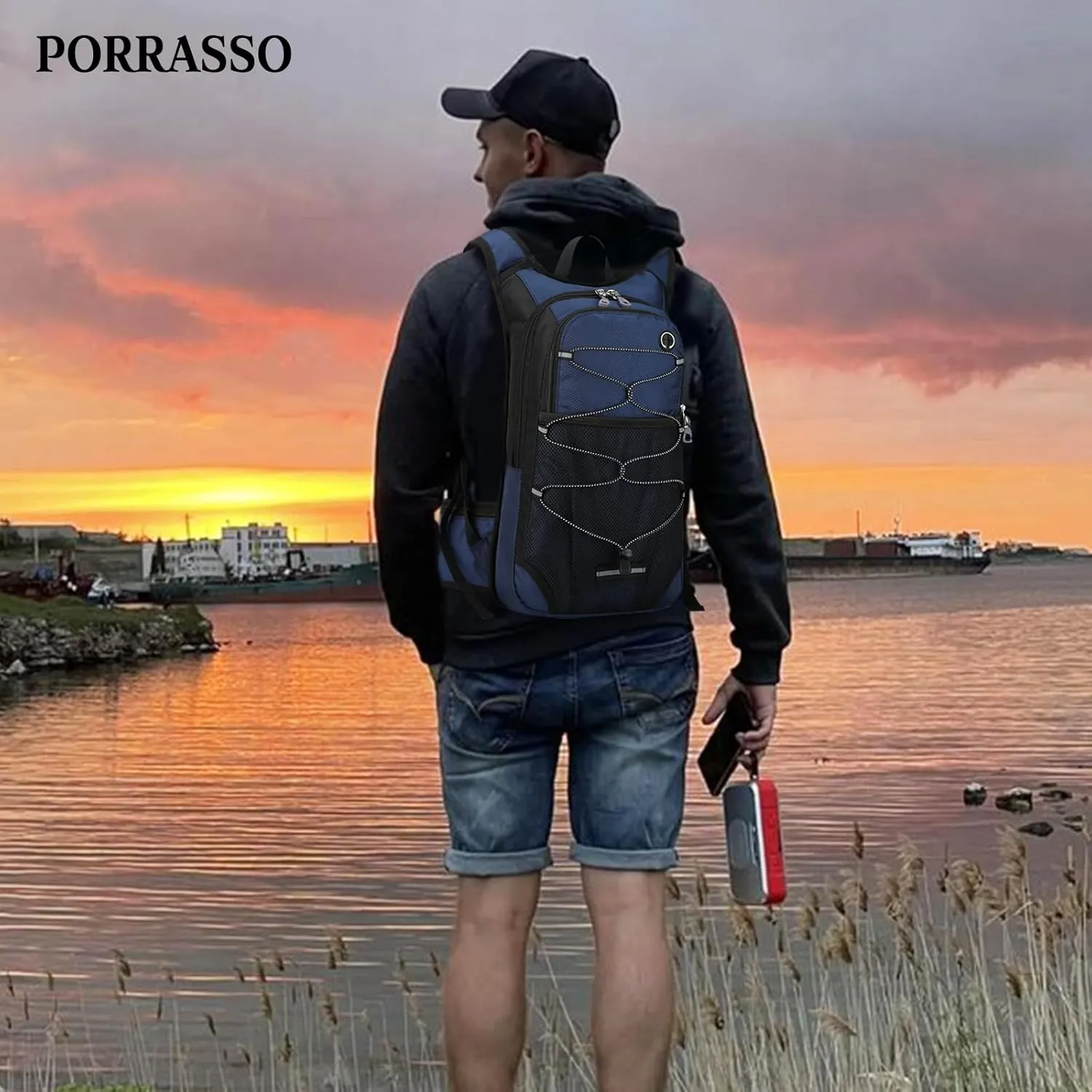 PORRASSO Hiking Backpack 19L Waterproof Daypack Rucksack with Earphone Hole Breathable Backpack for Women Men Trekking Cycling Climbing Outdoor Sports Dark Blue