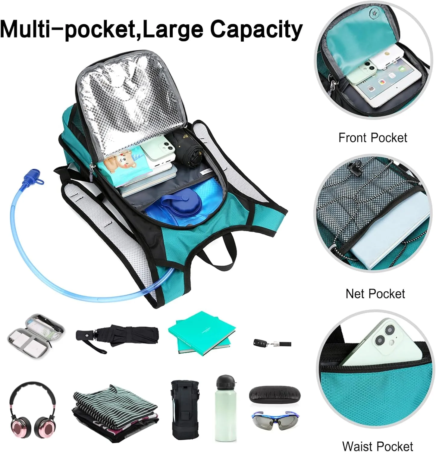 PORRASSO Hiking Backpack 19L Waterproof Daypack Rucksack with Earphone Hole Breathable Backpack for Women Men Trekking Cycling Climbing Outdoor Sports Dark Blue