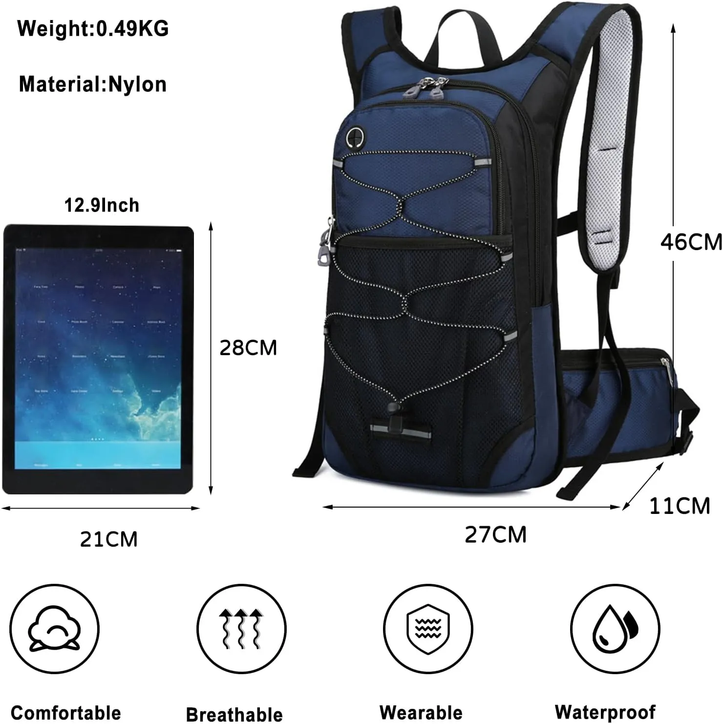 PORRASSO Hiking Backpack 19L Waterproof Daypack Rucksack with Earphone Hole Breathable Backpack for Women Men Trekking Cycling Climbing Outdoor Sports Dark Blue