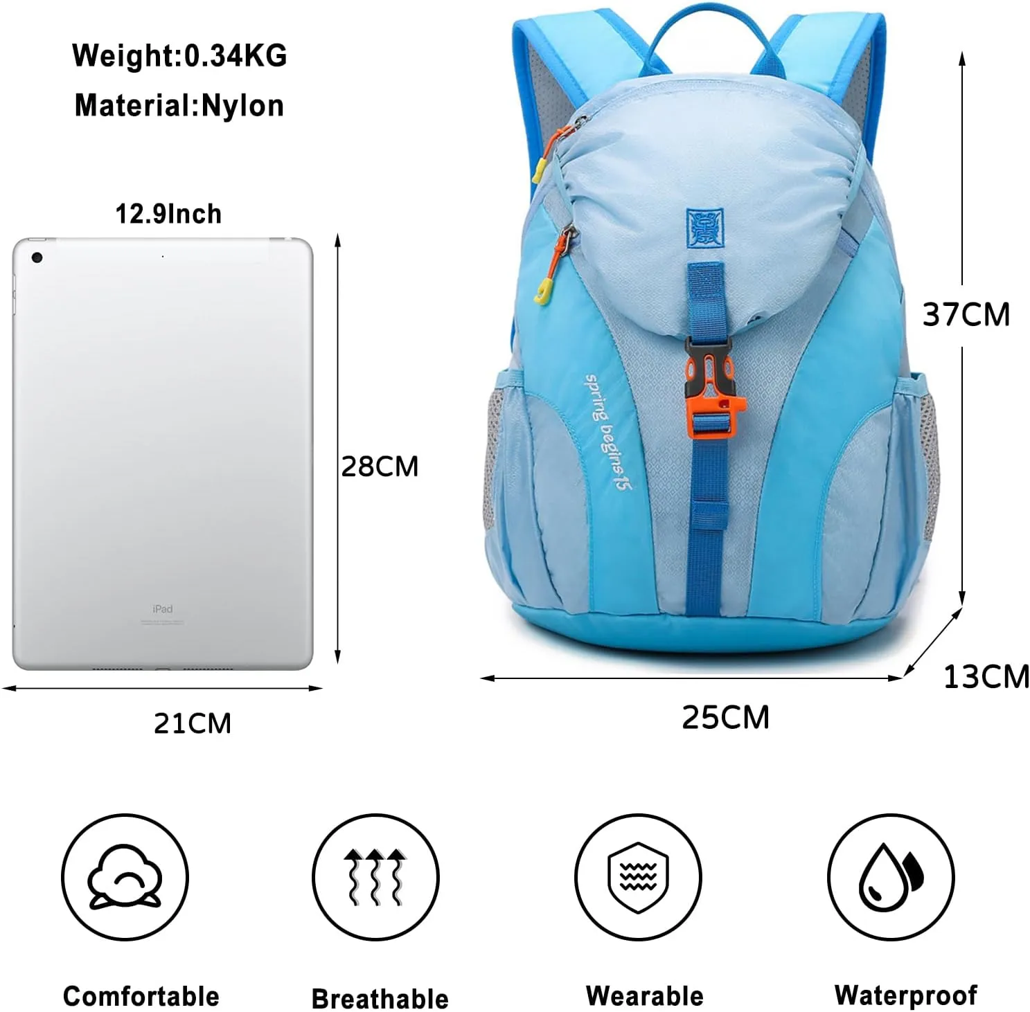 PORRASSO Hiking Backpack Daypack 15L Rucksack Lightweight Waterproof Backpack for Women Men Trekking Cycling Climbing Outdoor Sports Light Blue