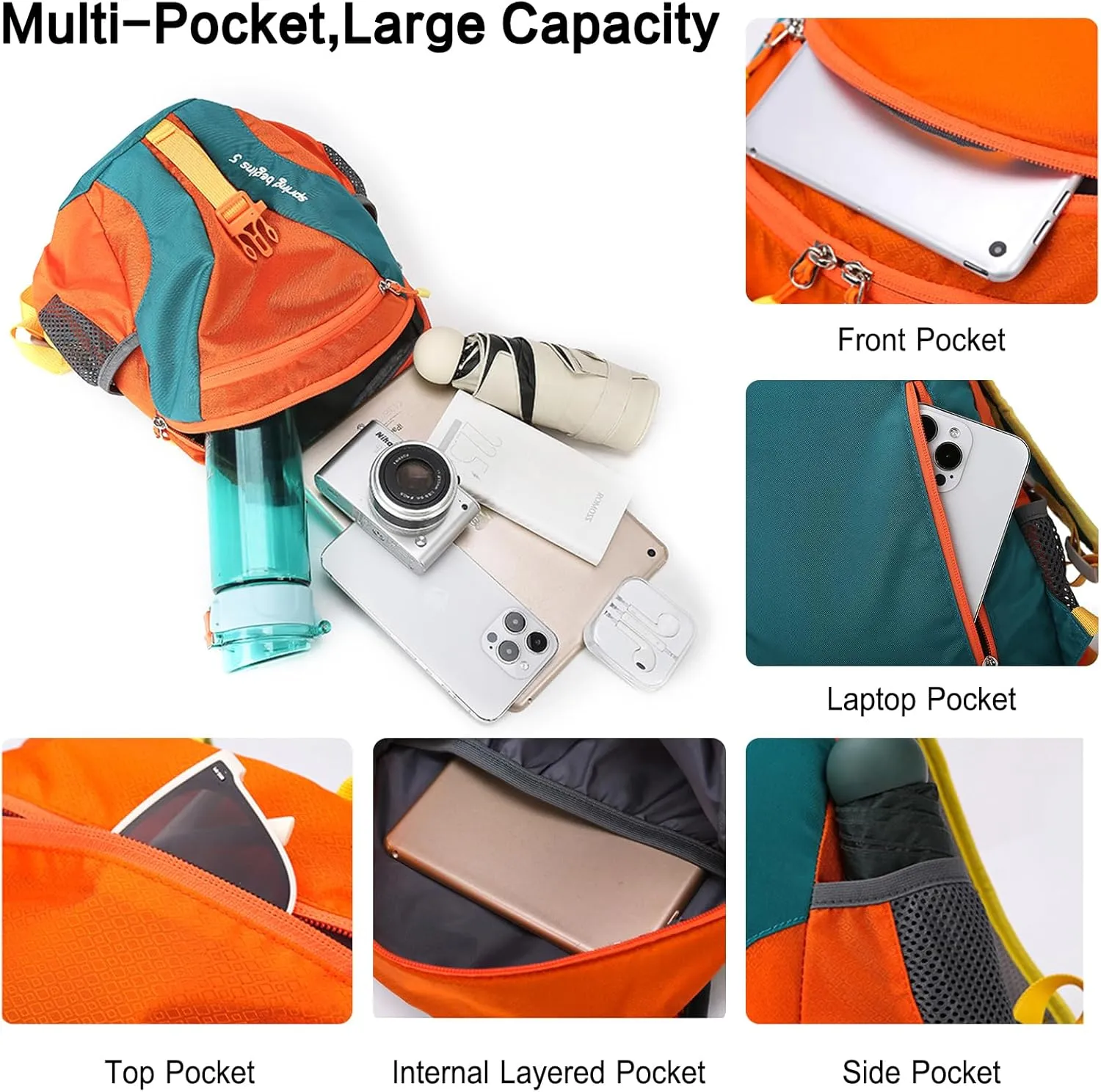 PORRASSO Hiking Backpack Daypack 15L Rucksack Lightweight Waterproof Backpack for Women Men Trekking Cycling Climbing Outdoor Sports Light Blue