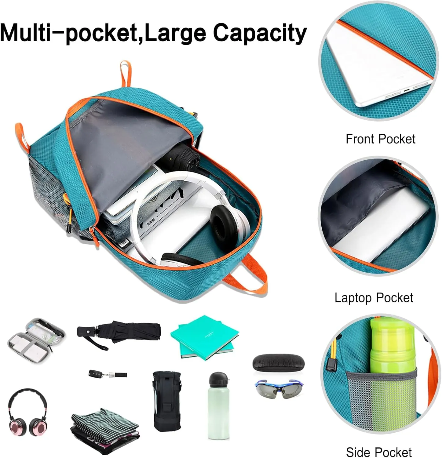 PORRASSO Hiking Backpack Foldable Daypack 20L Rucksack Lightweight Waterproof Backpack for Women Men Camping Trekking Cycling Climbing Outdoor Sports Blue A