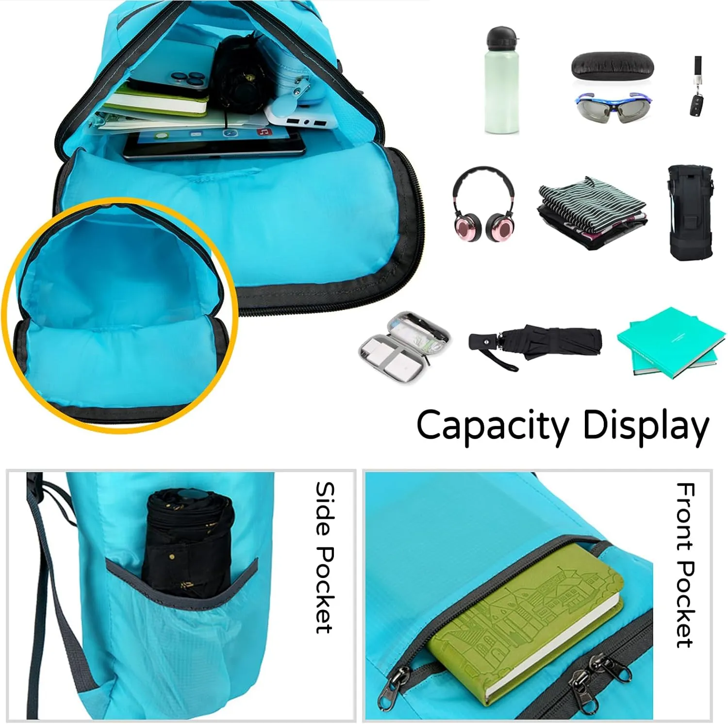PORRASSO Hiking Backpack Lightweight Waterproof Daypack Foldable Rucksack Backpack for Women Men Camping Trekking Cycling Climbing Outdoor Sports Black A