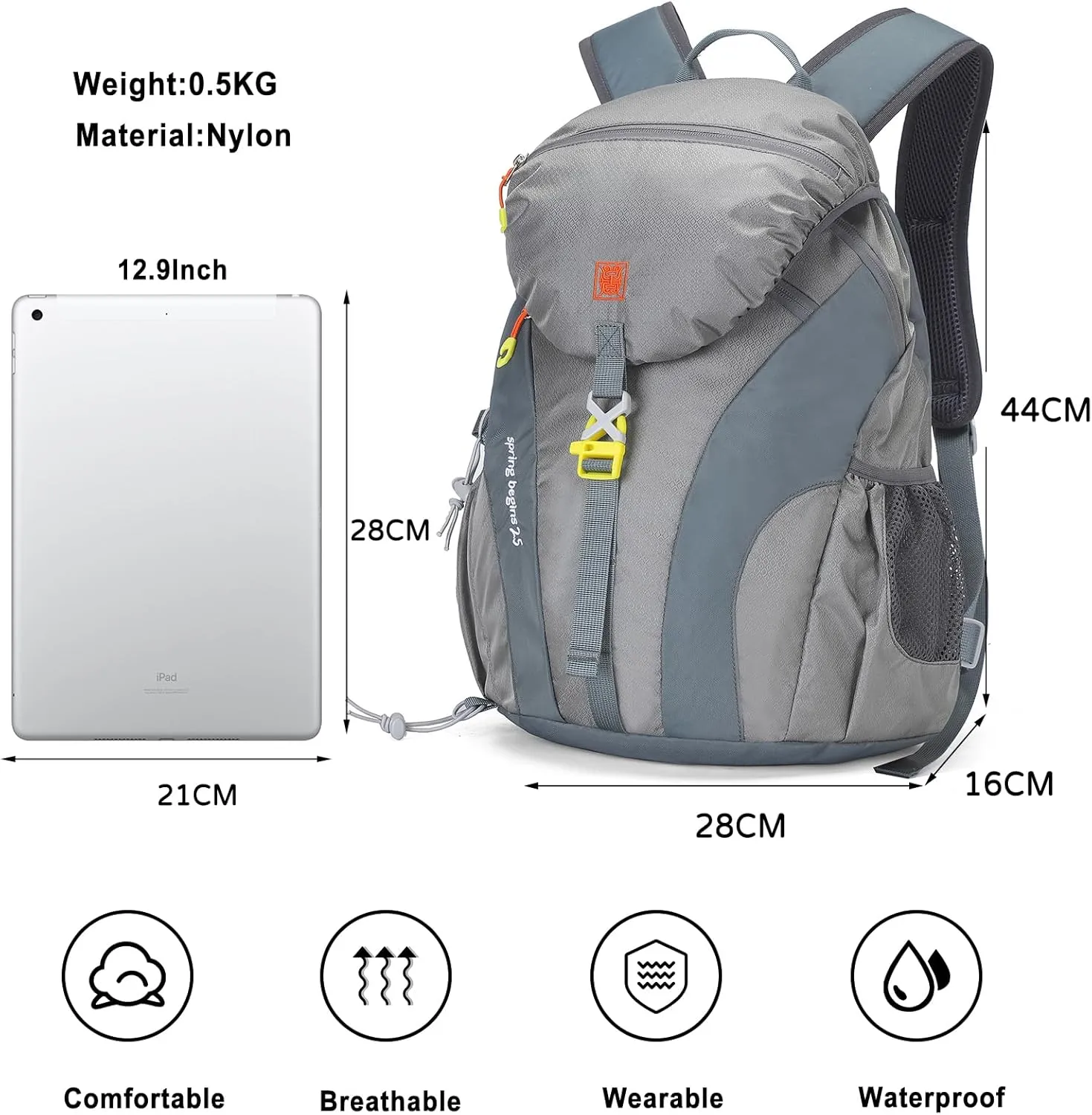 PORRASSO Hiking Backpack Waterproof Daypack 25L Rucksack Lightweight Backpack for Women Men Trekking Cycling Climbing Outdoor Sports Grey