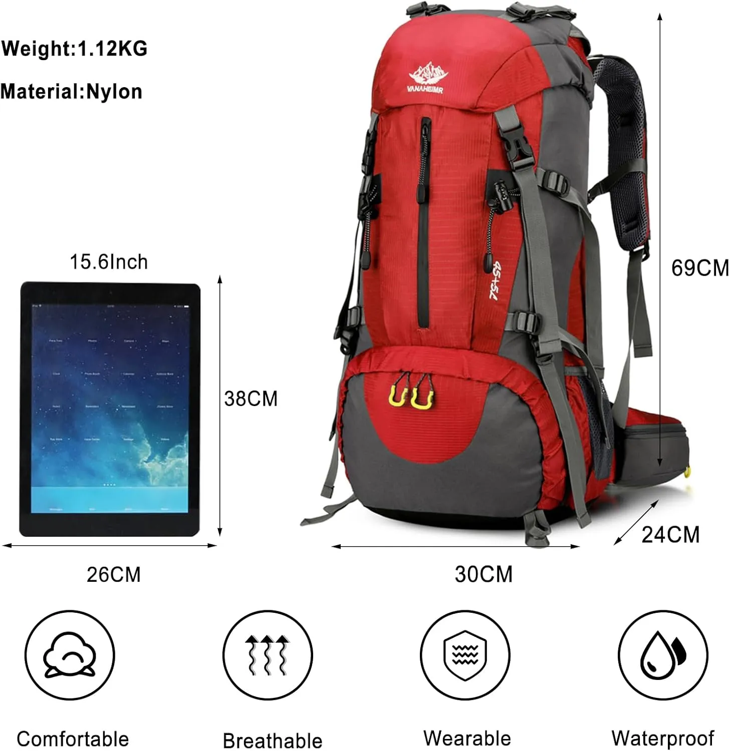 PORRASSO Hiking Backpack Waterproof Daypack 50L Rucksack with Rain Cover Backpack for Travel Trekking Camping Climbing Outdoor Sports Red