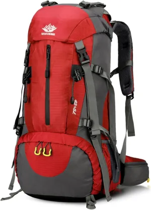 PORRASSO Hiking Backpack Waterproof Daypack 50L Rucksack with Rain Cover Backpack for Travel Trekking Camping Climbing Outdoor Sports Red