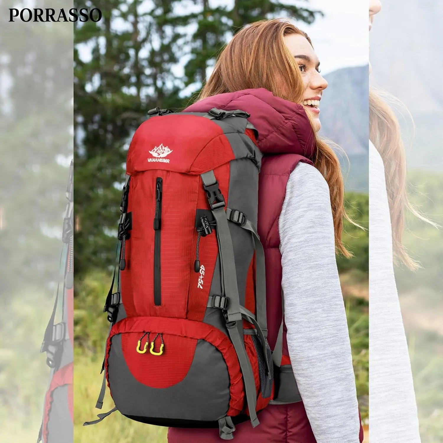 PORRASSO Hiking Backpack Waterproof Daypack 50L Rucksack with Rain Cover Backpack for Travel Trekking Camping Climbing Outdoor Sports Red