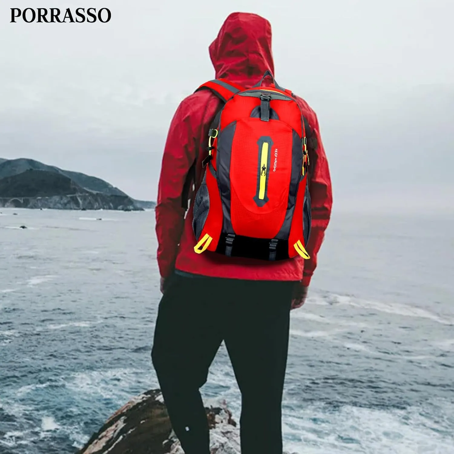 PORRASSO Hiking Backpack Waterproof Rucksack 25L Daypack Durable Backpack for Women Men Camping Climbing Travel Outdoor Sports Red
