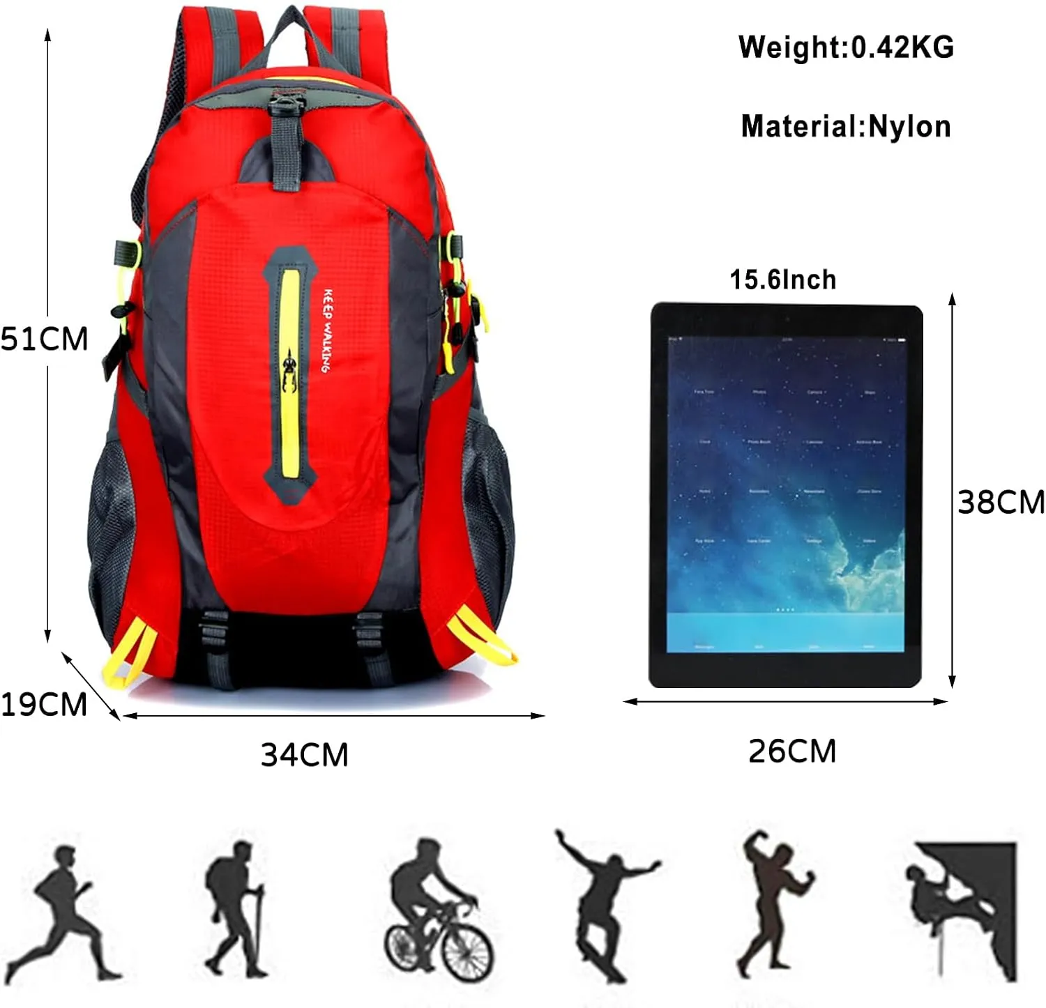 PORRASSO Hiking Backpack Waterproof Rucksack 25L Daypack Durable Backpack for Women Men Camping Climbing Travel Outdoor Sports Red