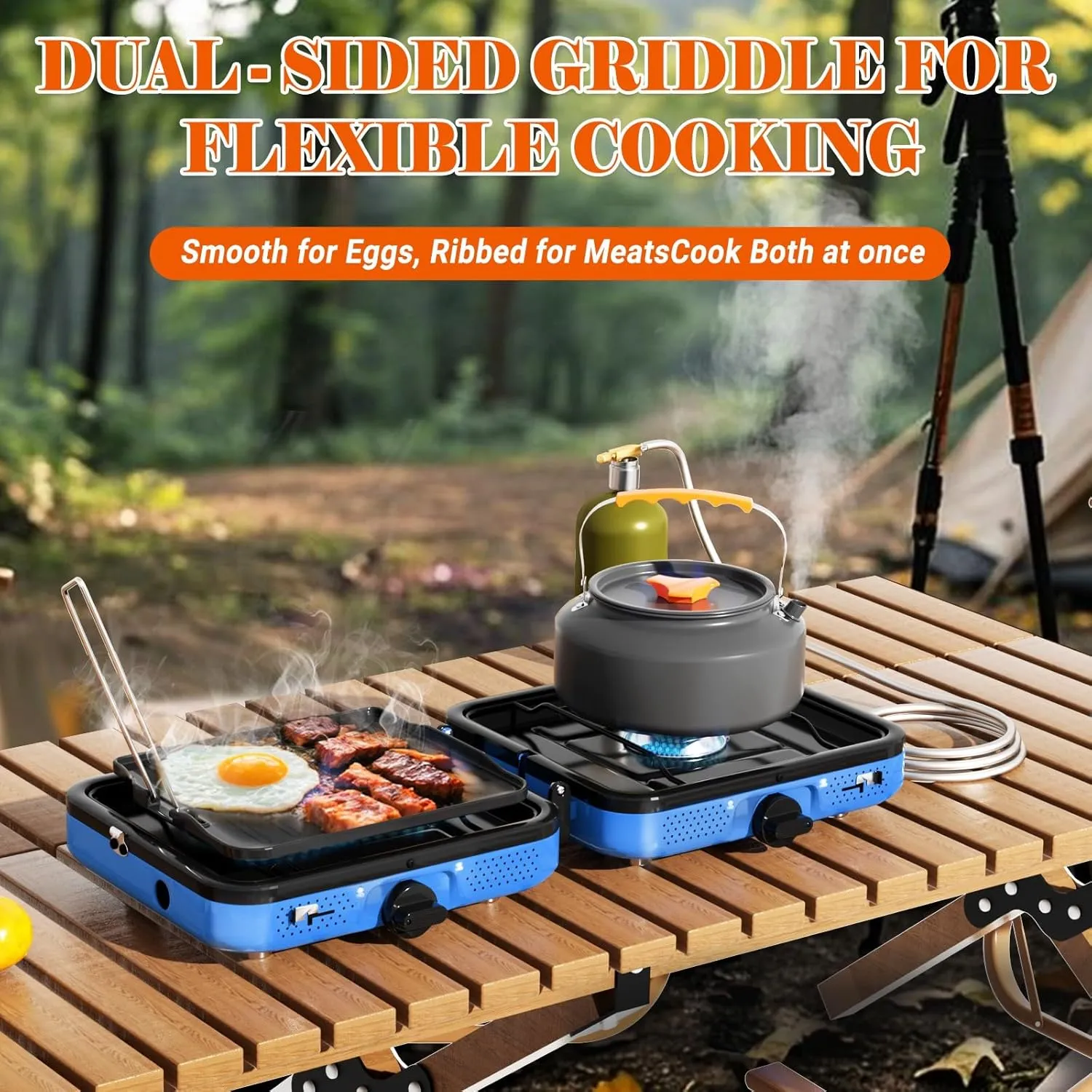 Portable 2 Burner Camping Stove Set – 20,000 BTU Dual Fuel Gas Stove for Propane & Butane, with Griddle, Frying Pan, Kettle, Pot, Lid & Carry Bag – Tailgating & Camping Outdoor Cooking Kit (Navy Blue)