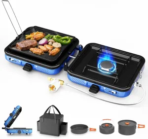 Portable 2 Burner Camping Stove Set – 20,000 BTU Dual Fuel Gas Stove for Propane & Butane, with Griddle, Frying Pan, Kettle, Pot, Lid & Carry Bag – Tailgating & Camping Outdoor Cooking Kit (Navy Blue)