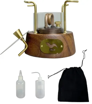 Portable Alcohol Camping Stove Set with Wooden Base, Brass Hardware, Storage Bag and Bottles,Stable Support Wind-Resistance Camp Stove for Outdoor Camping Hiking Cooking With glass windshield