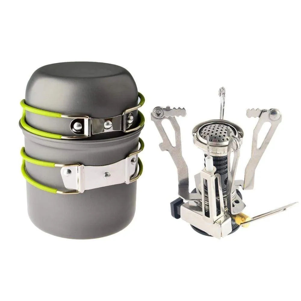 Portable Burner, Pot, and Pan Set for Camping and Traveling