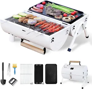 Portable Charcoal Grill Barbecue Grill Folding Set Double Sided  Barbecue Pan Net 6PCS Tools for Outdoor Camping BBQ Grilling Backyard Party Cooking Chimney Tabletop Grill & Grilling White