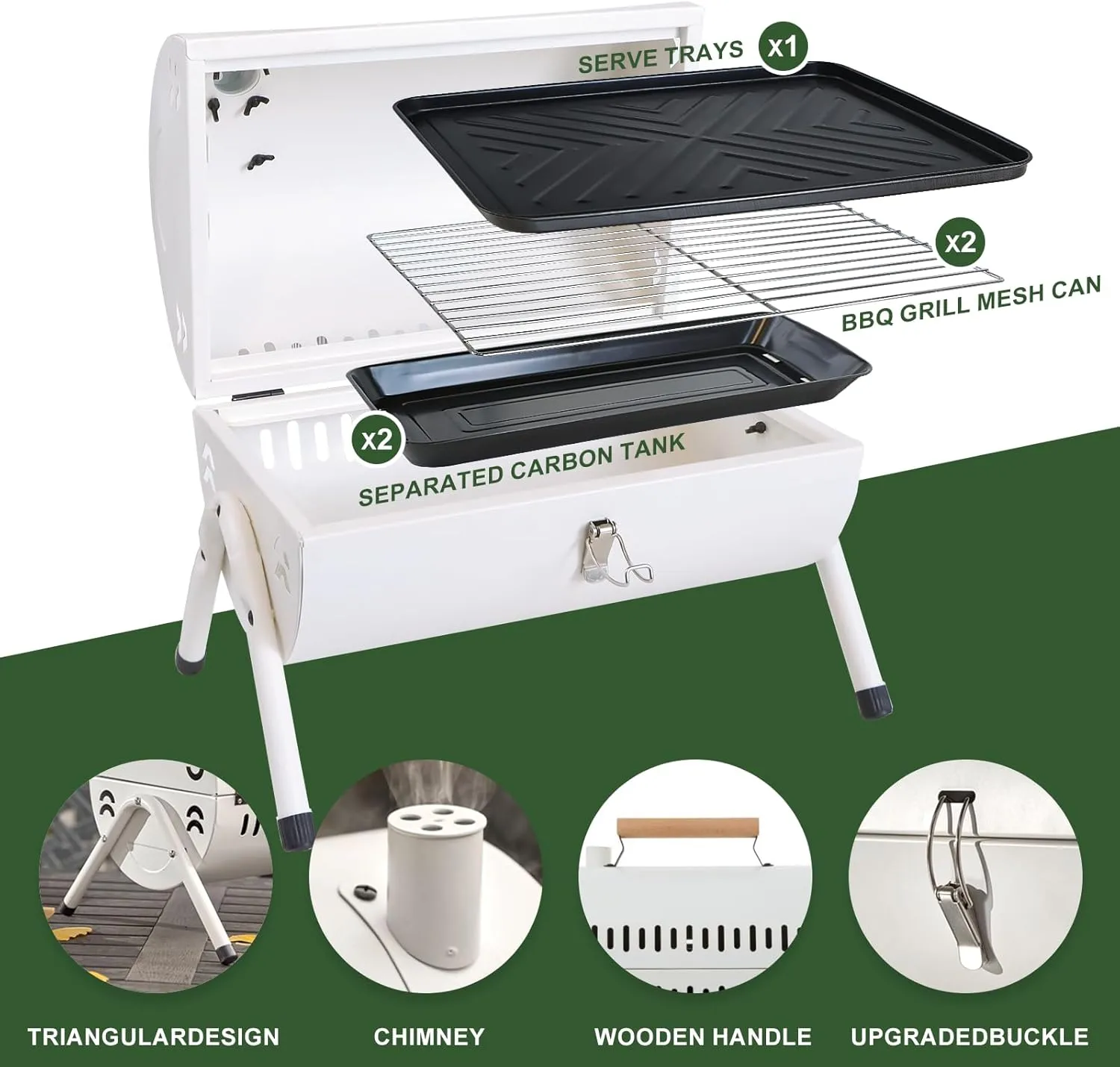 Portable Charcoal Grill Barbecue Grill Folding Set Double Sided  Barbecue Pan Net 6PCS Tools for Outdoor Camping BBQ Grilling Backyard Party Cooking Chimney Tabletop Grill & Grilling White