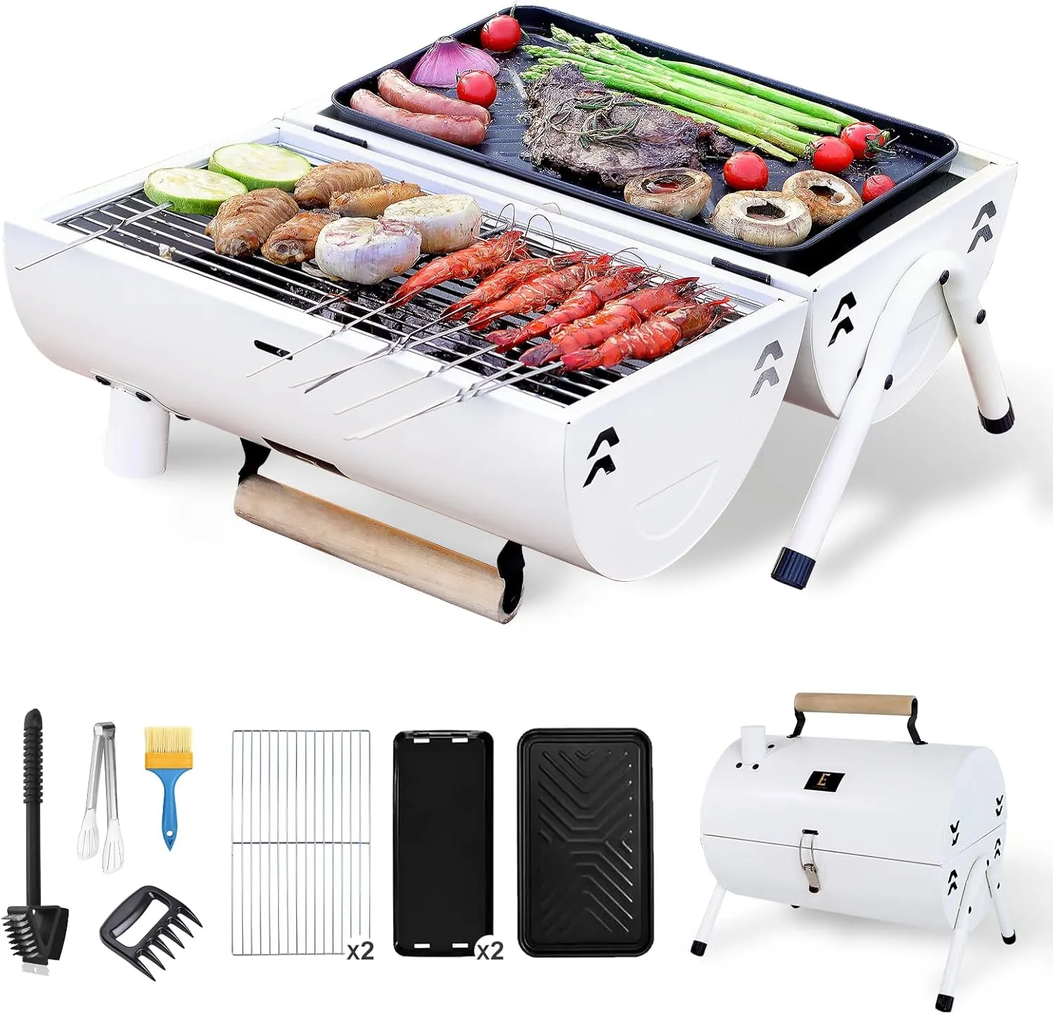 Portable Charcoal Grill Barbecue Grill Folding Set Double Sided  Barbecue Pan Net 6PCS Tools for Outdoor Camping BBQ Grilling Backyard Party Cooking Chimney Tabletop Grill & Grilling White