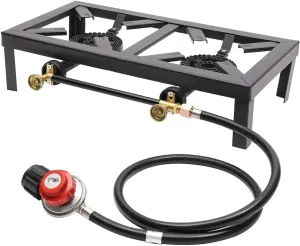 Portable Double Burner Outdoor Gas Stove Propane Cooker, Propane Stove with Adjustable 0-10Psi Regulator Hose for Patio Camping, BBQ, Home Brewing, Turkey Fry, Maple Syrup Prep Black