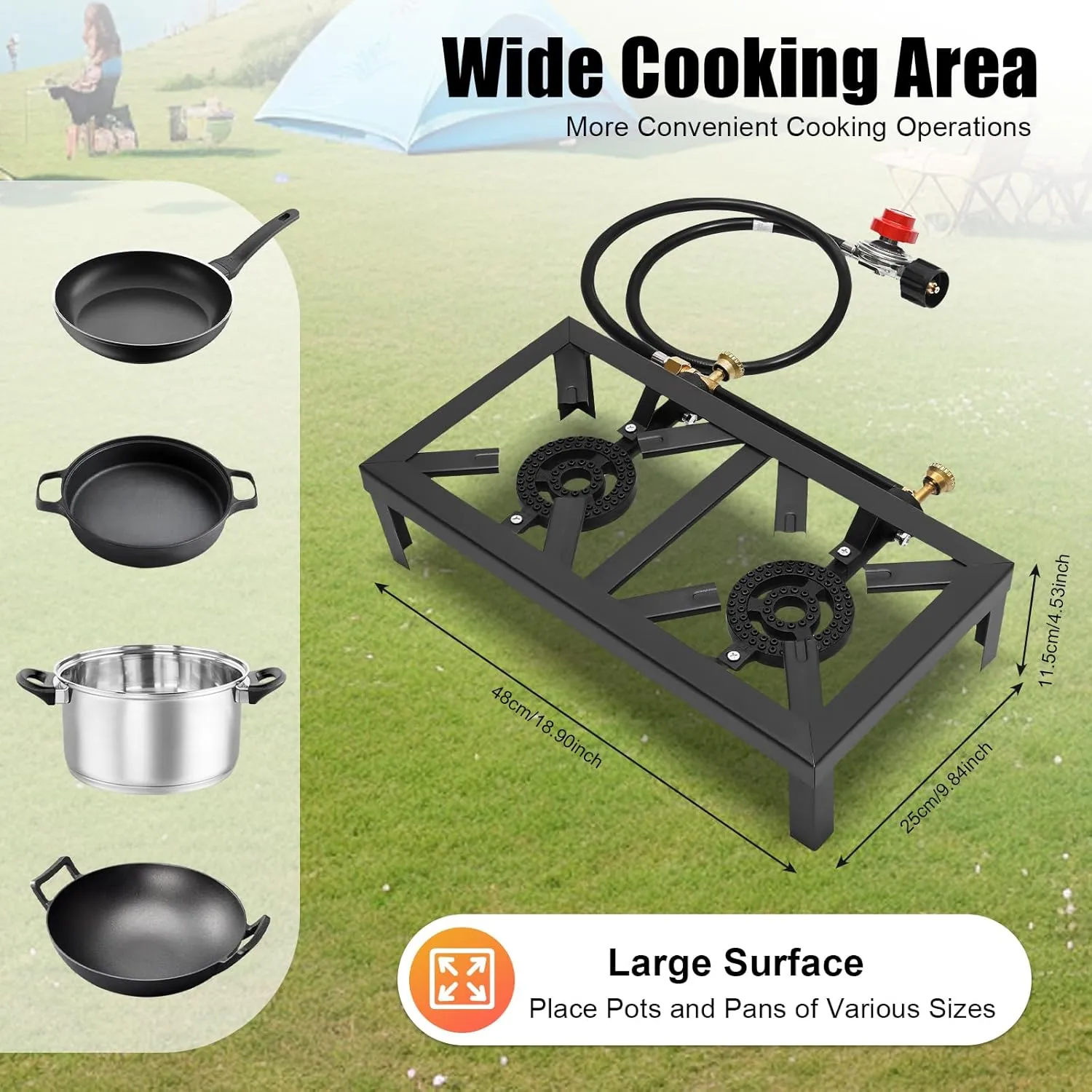 Portable Double Burner Outdoor Stove Propane Cooker with Adjustable 0-10Psi Regulator Hose,Camping Double Burner Stovem,for Patio Camping, BBQ, Home Brewing, Turkey Fry (Black, double)