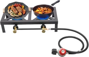Portable Double Burner Outdoor Stove Propane Cooker with Adjustable 0-10Psi Regulator Hose,Camping Double Burner Stovem,for Patio Camping, BBQ, Home Brewing, Turkey Fry (Black, double)