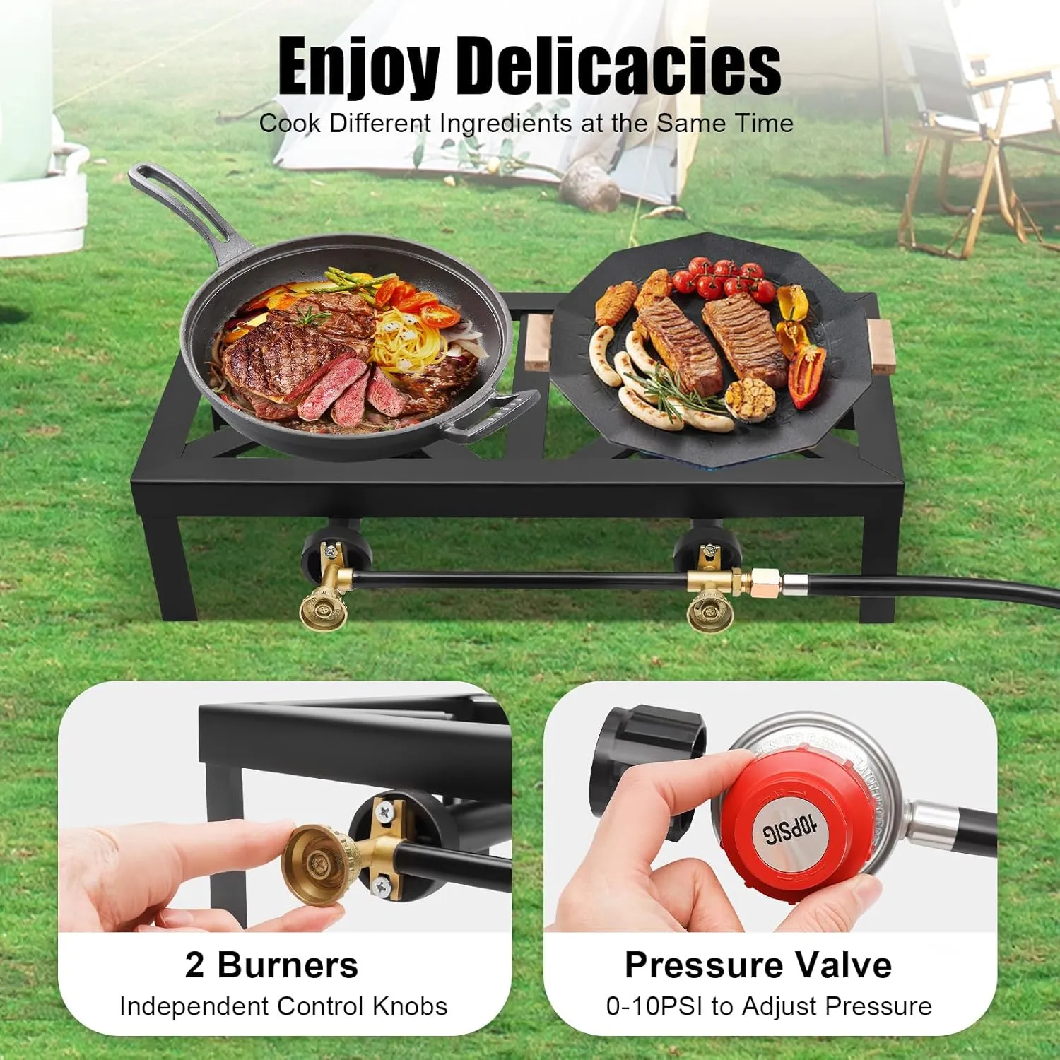 Portable Double Burner Outdoor Stove Propane Cooker with Adjustable 0-10Psi Regulator Hose,Camping Double Burner Stovem,for Patio Camping, BBQ, Home Brewing, Turkey Fry (Black, double)