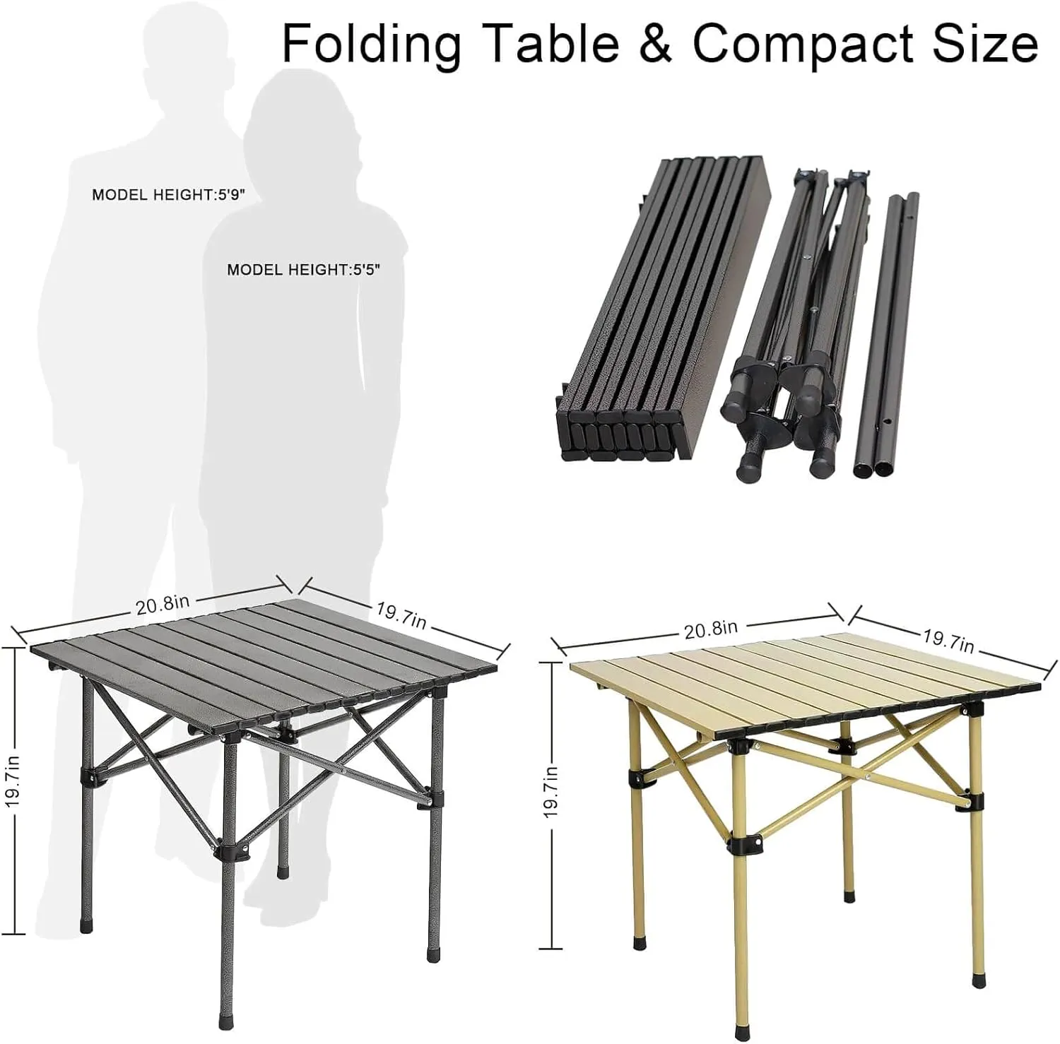 Portable Folding Camping Table for 2-4 Persons, Outdoor Lightweight Roll Up Camping Table with Carry Bag for Hiking, Picnics, BBQs, Beach Trips & Tailgating(19.7 inch Black)