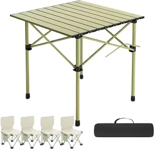 Portable Folding Camping Tables and Chair, Carbon Steel Beach Table with Carry Bag, Camping Essentials for Outdoor Picnic, Camp, Travel (Color : Beige 4 Chairs, Size : 20.8x20x19.6in)