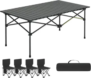 Portable Folding Camping Tables and Chair, Carbon Steel Beach Table with Carry Bag, Camping Essentials for Outdoor Picnic, Camp, Travel (Color : Black 4 Chairs, Size : 37.4x22.4x19.6in)