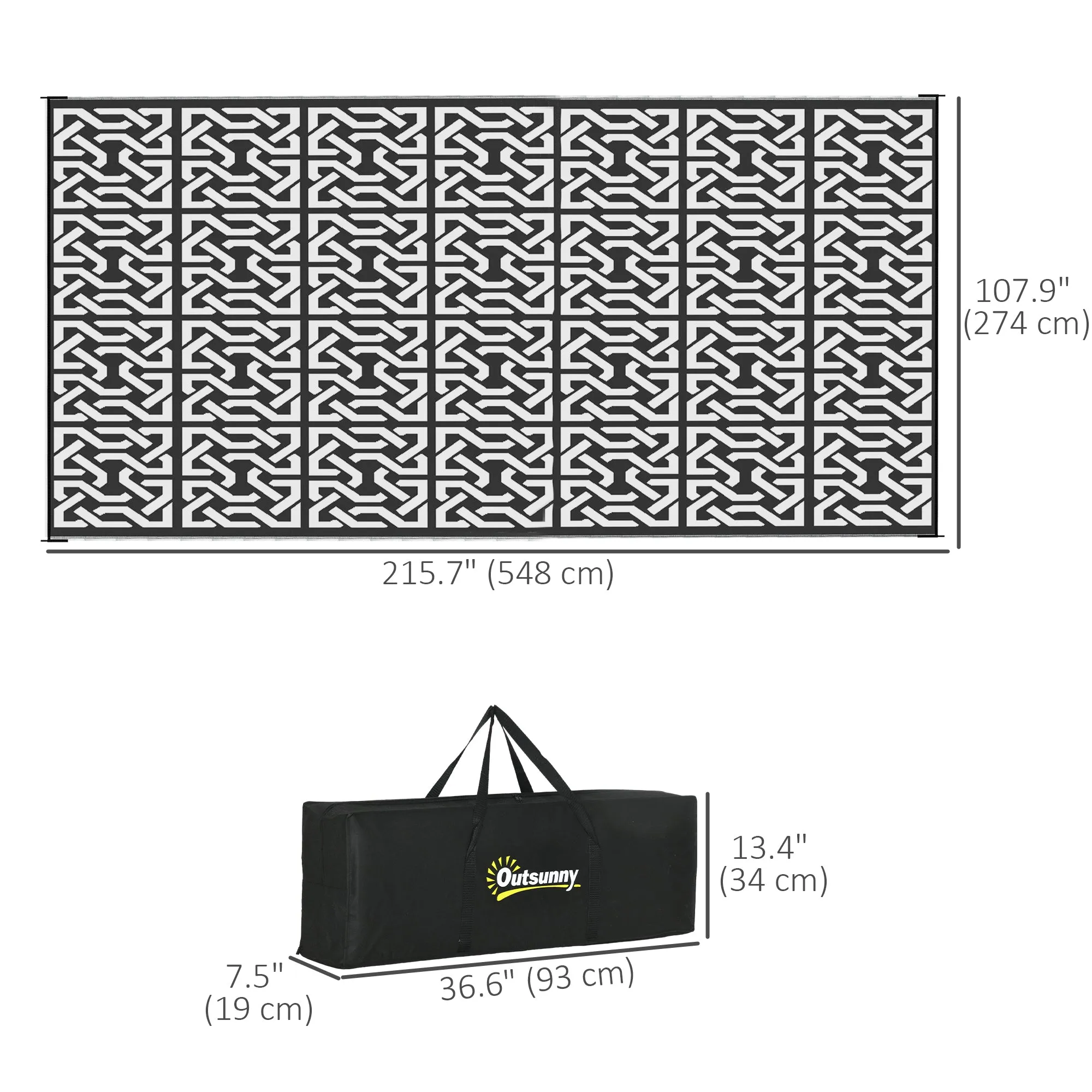 Portable Outdoor Rug with Carry Bag, 9' x 18' Reversible Mat, Waterproof Plastic Straw RV Rug for Backyard, Deck, Picnic, Beach, Camping, Black and White Chain