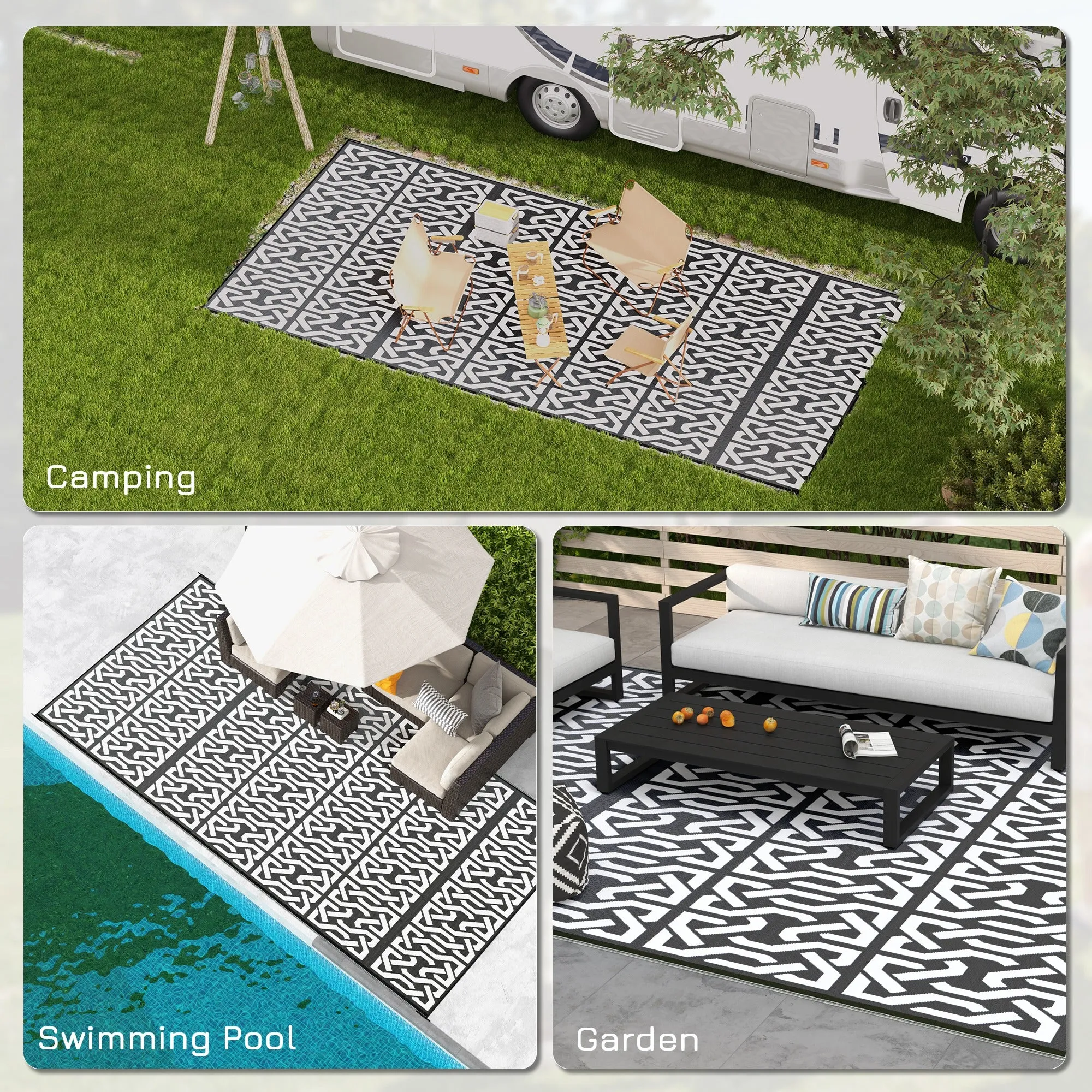 Portable Outdoor Rug with Carry Bag, 9' x 18' Reversible Mat, Waterproof Plastic Straw RV Rug for Backyard, Deck, Picnic, Beach, Camping, Black and White Chain