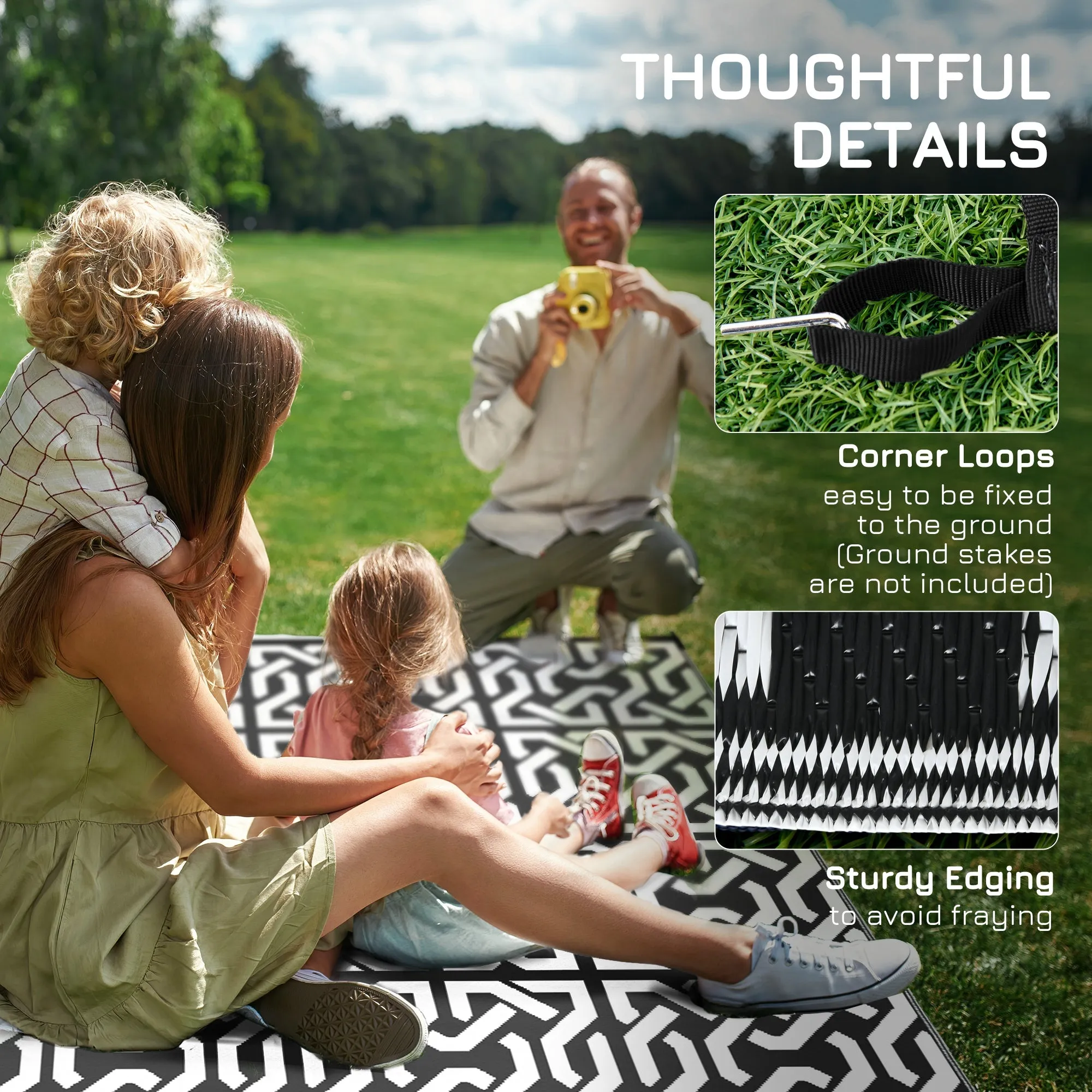 Portable Outdoor Rug with Carry Bag, 9' x 18' Reversible Mat, Waterproof Plastic Straw RV Rug for Backyard, Deck, Picnic, Beach, Camping, Black and White Chain