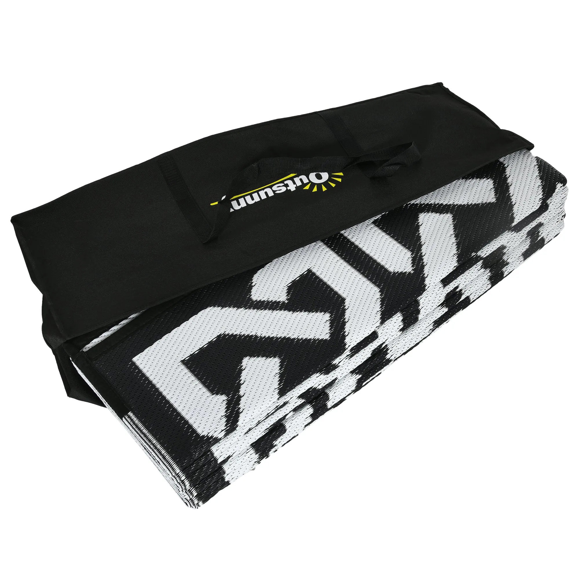 Portable Outdoor Rug with Carry Bag, 9' x 18' Reversible Mat, Waterproof Plastic Straw RV Rug for Backyard, Deck, Picnic, Beach, Camping, Black and White Chain