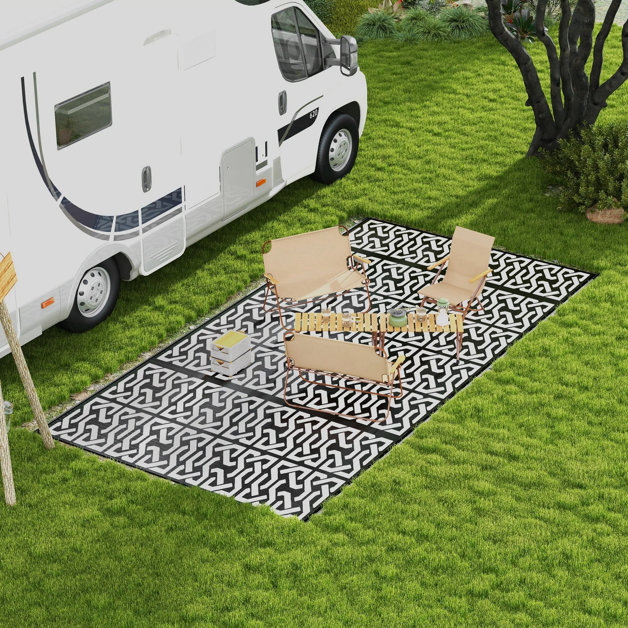 Portable Outdoor Rug with Carry Bag, 9' x 18' Reversible Mat, Waterproof Plastic Straw RV Rug for Backyard, Deck, Picnic, Beach, Camping, Black and White Chain